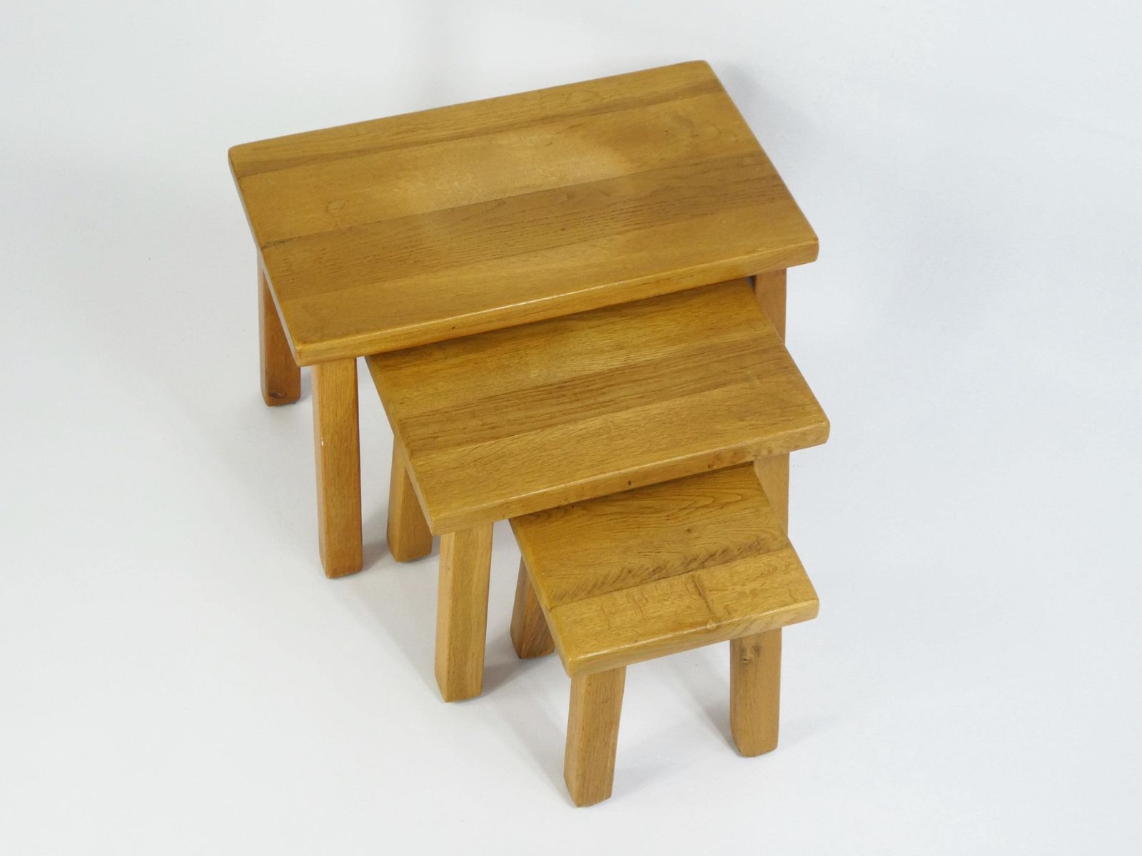 Vintage Wooden Nesting Set Of 3 Rectangular Tables, Brutalist Light Oak Primitive Milking Stools, Beautiful Side Tables, Plant Stand photo furniture