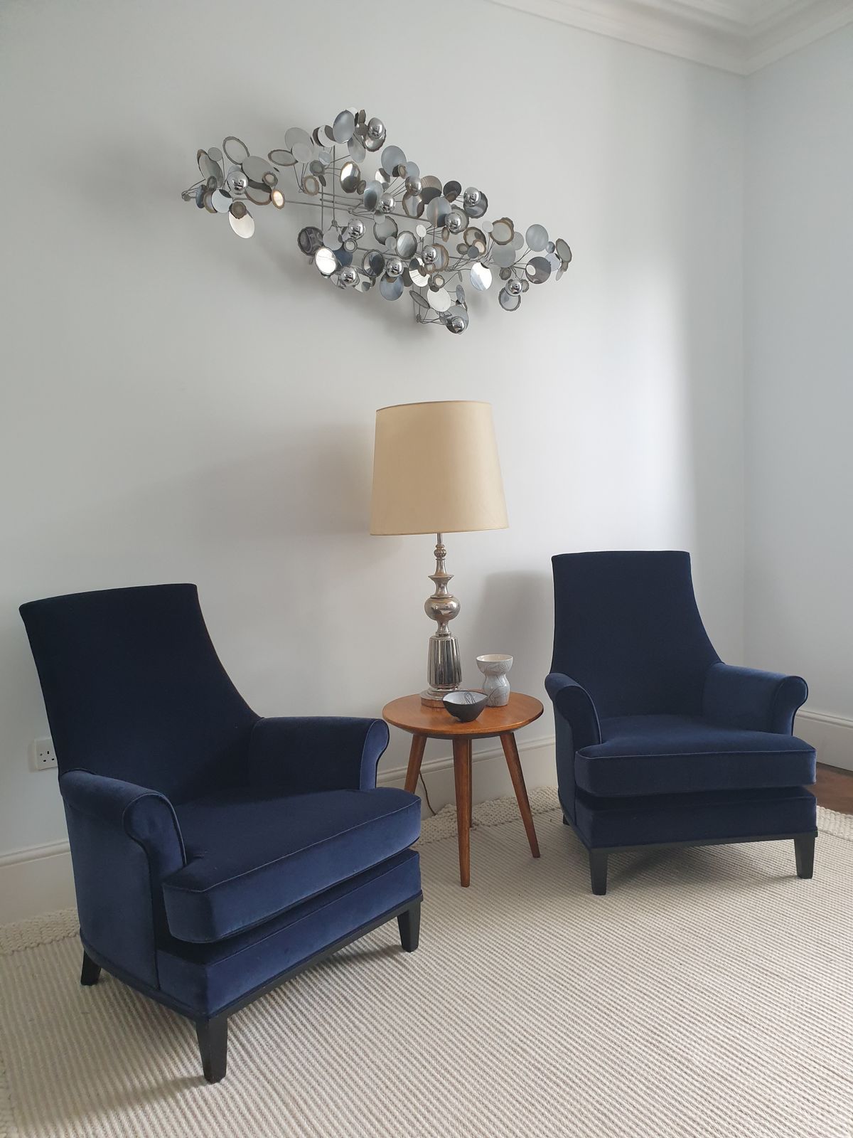 Pair Of Mid Century Modern   American Armchairs In Blue Velvet. photo 4900.0