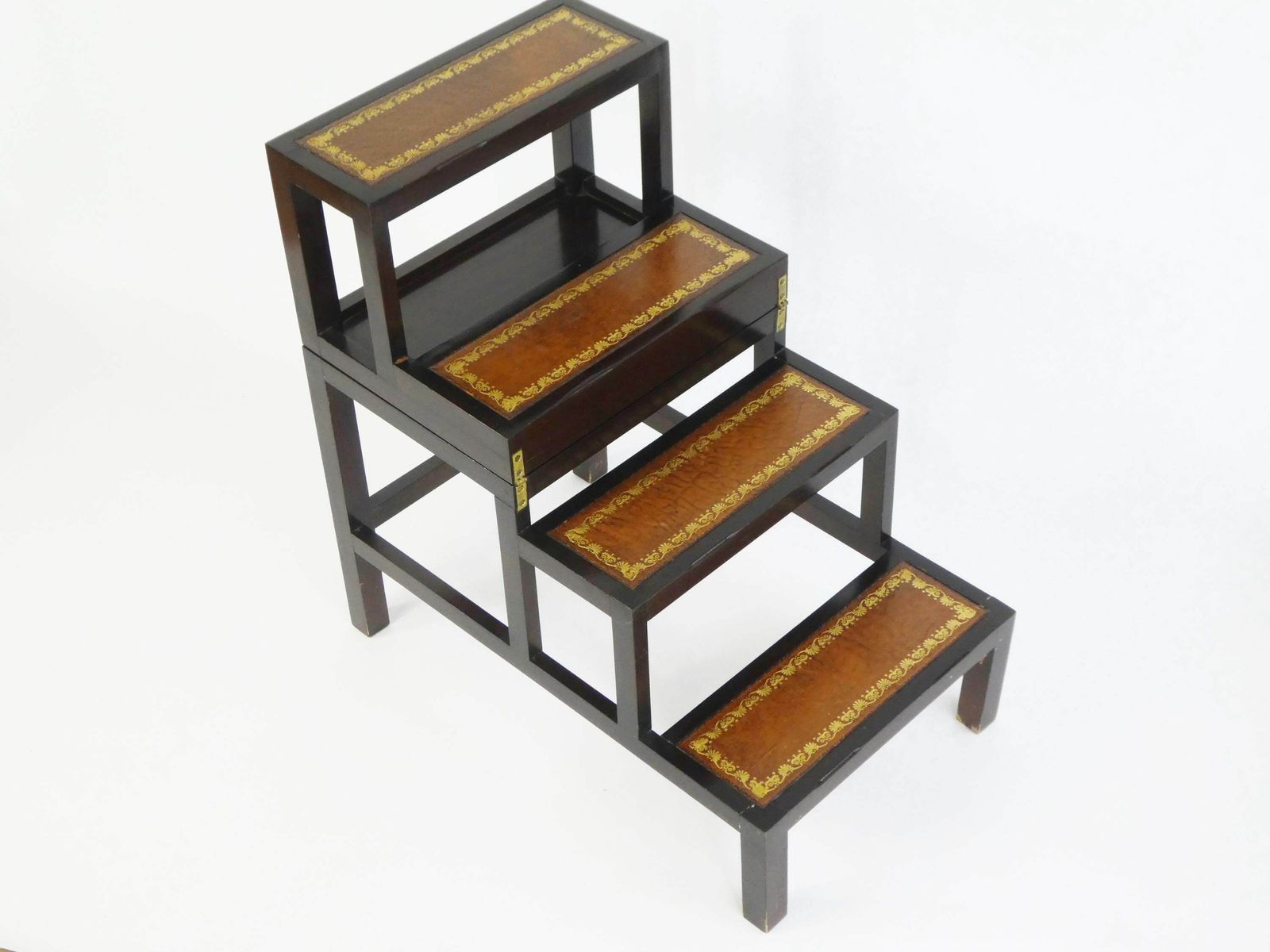 Metamorphic Wooden Stairs With Leather, Foldable Library Steps With Brown Inlaid Leather, Large Edwardian Bookcase Ladder