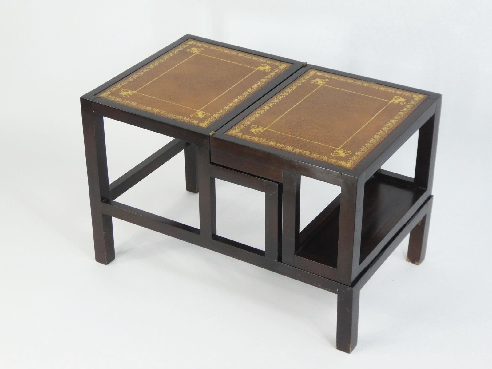 Metamorphic Wooden Stairs With Leather, Foldable Library Steps With Brown Inlaid Leather, Large Edwardian Bookcase Ladder photo 1602.0