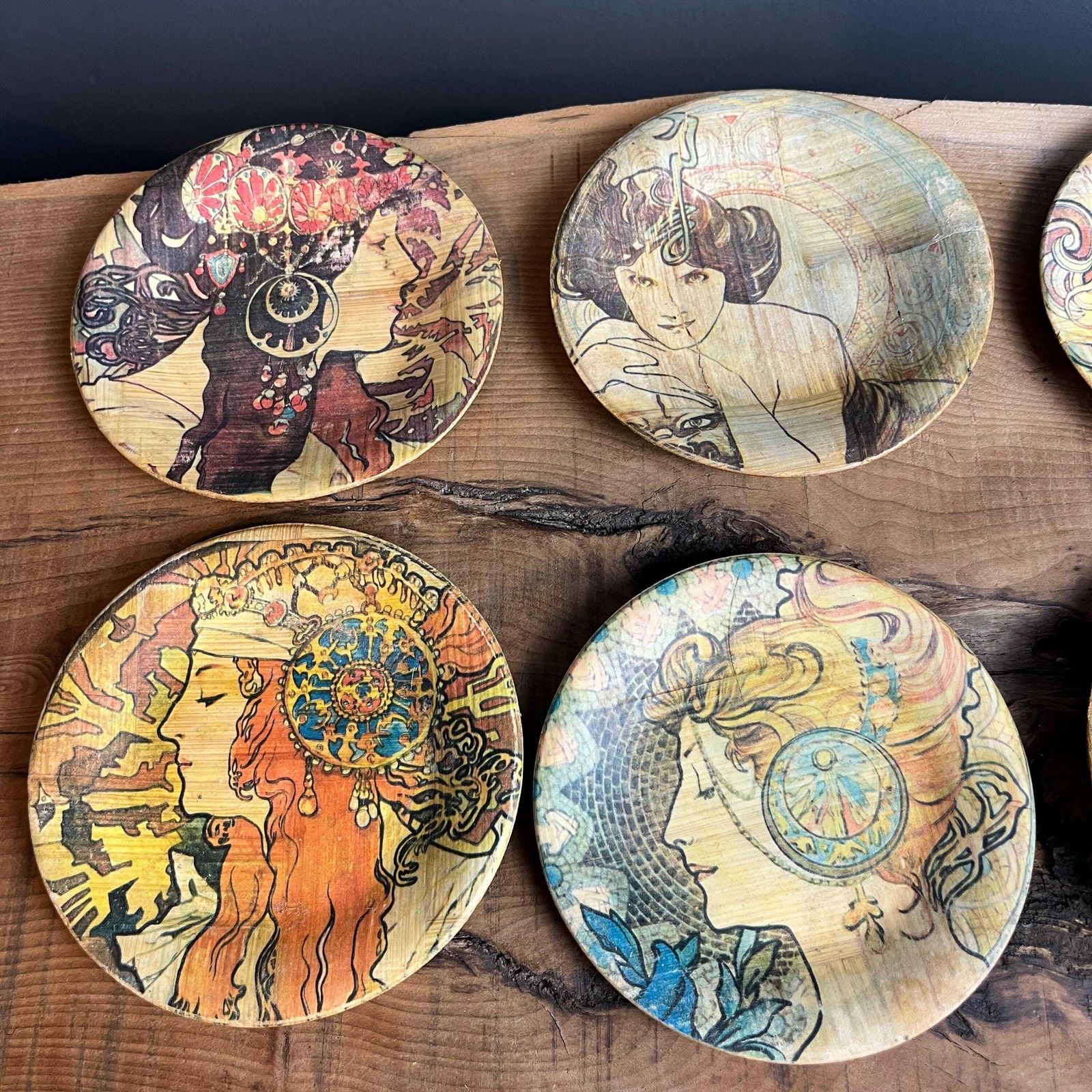 Vintage Mucha Art Nouveau Bamboo Dishes Coasters, Drinkware, Kitchen Decor, Coffee Mats, Living Room Design, Collectibles Piece photo Home Decor