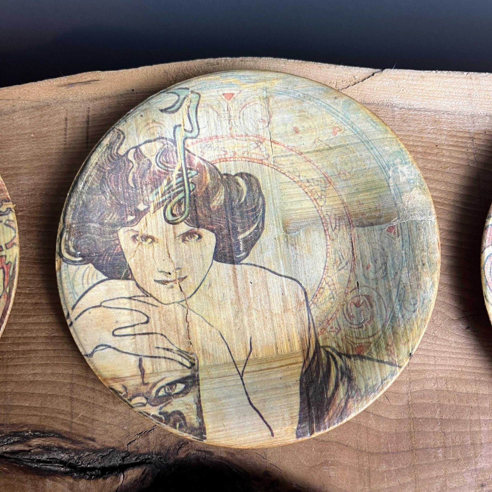 Vintage Mucha Art Nouveau Bamboo Dishes Coasters, Drinkware, Kitchen Decor, Coffee Mats, Living Room Design, Collectibles Piece photo vintage