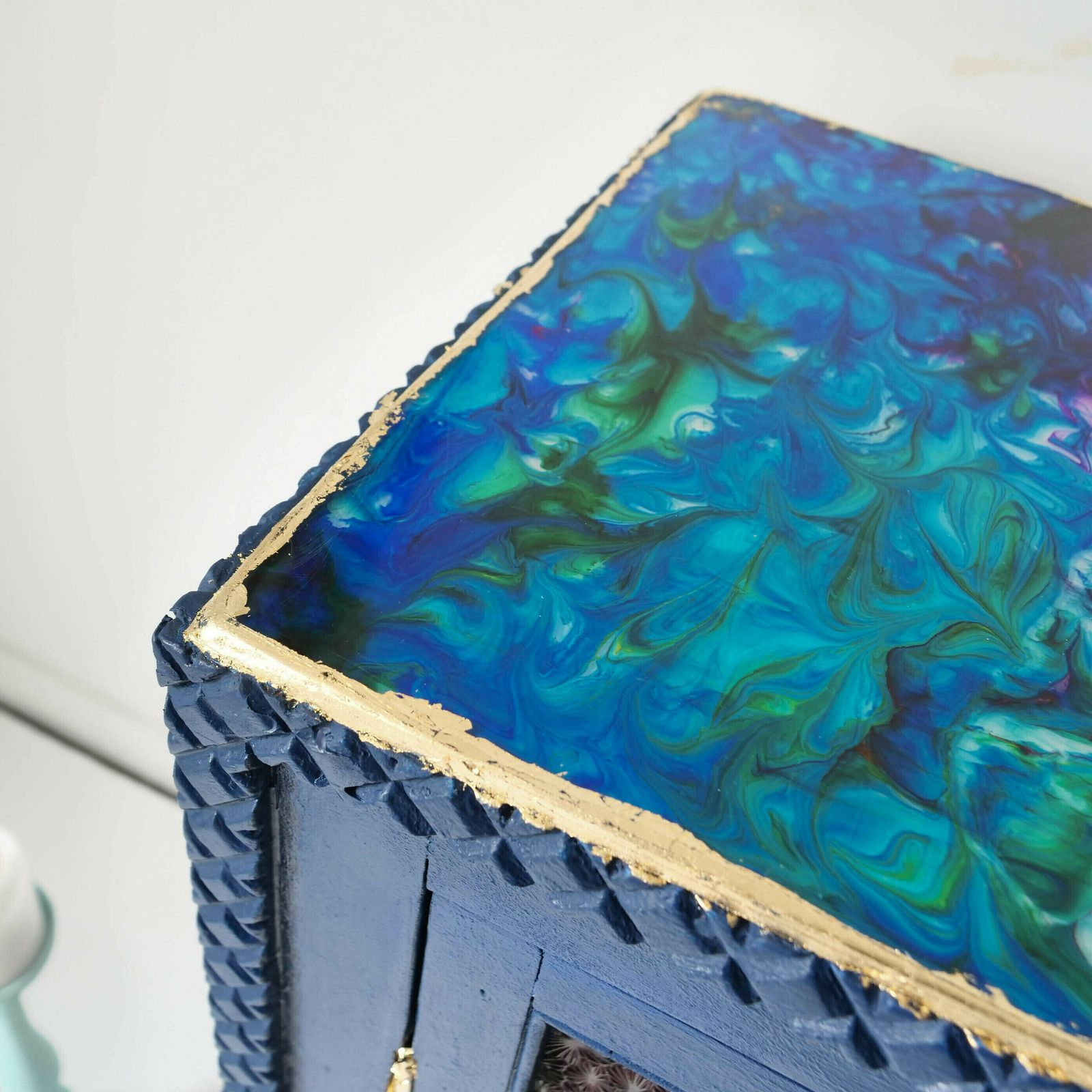 Display Cabinet   Blue Cocktail Bar   Teal Shelves   Gold Leaf Hand Painted   Bespoke   Resin   Colourful Abstract Bar  Unique Furniture photo vintage