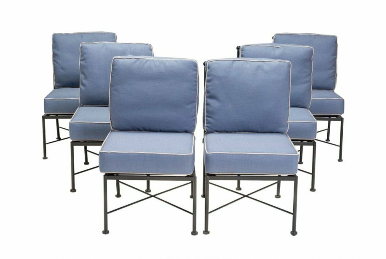 photo vinterior Wrought Iron Outdoor Light Blue And Cream Dining Chair