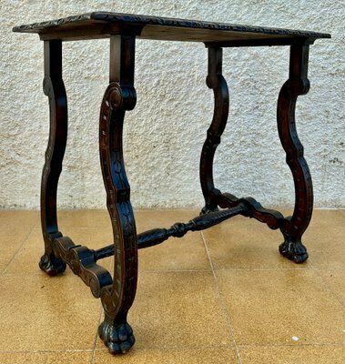 Furniture Early 19th Century Baroque Spanish Side Table With Lyre Legs And Marquetry Top, 1890s photo