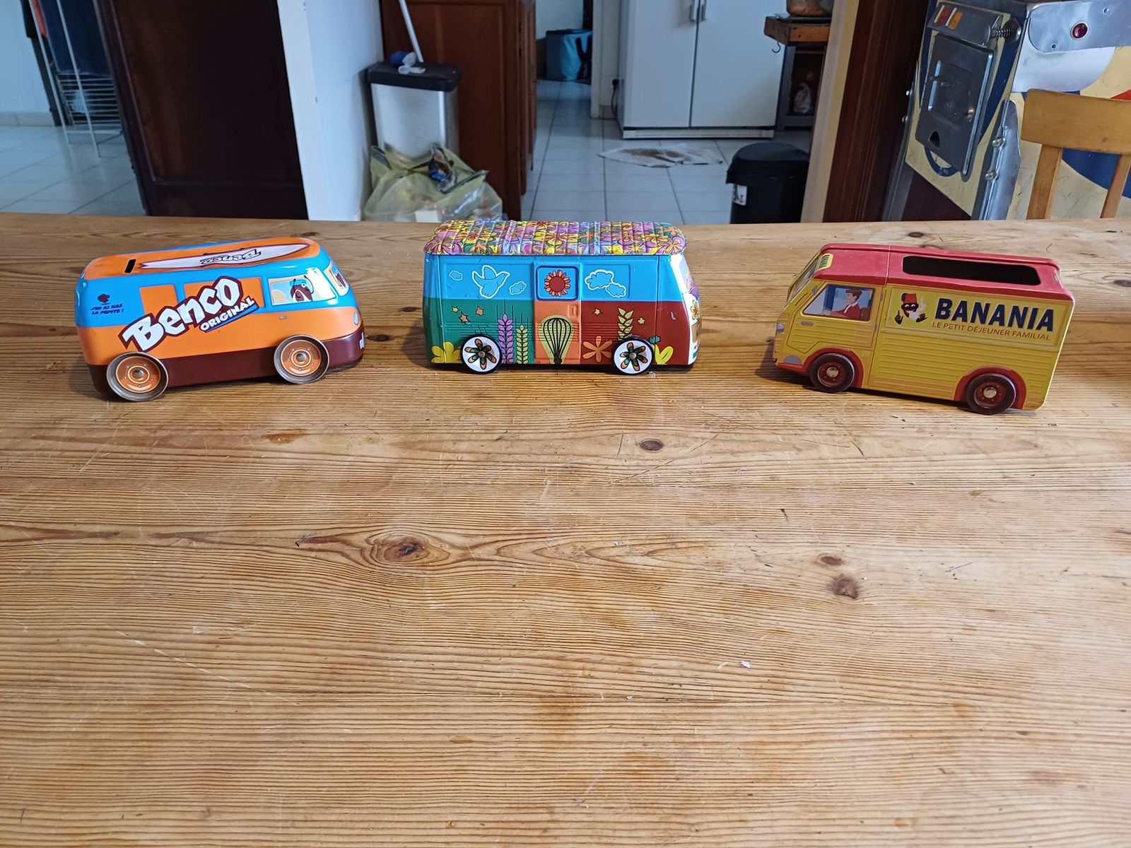 3 Advertising Trucks In Tole, 1970s photo vintage