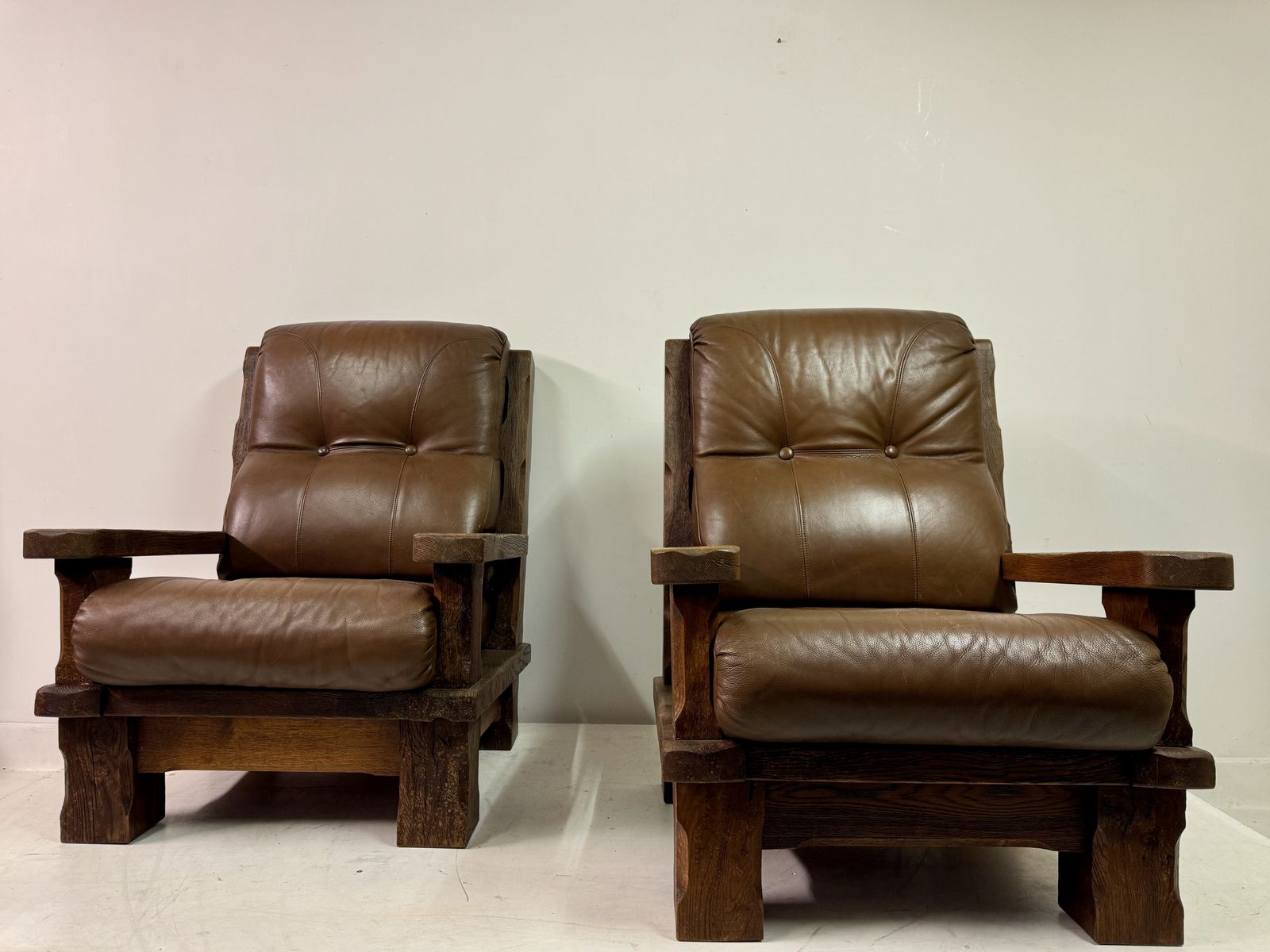 photo buy Pair Of 1960s Heavy Oak Brutalist Armchairs