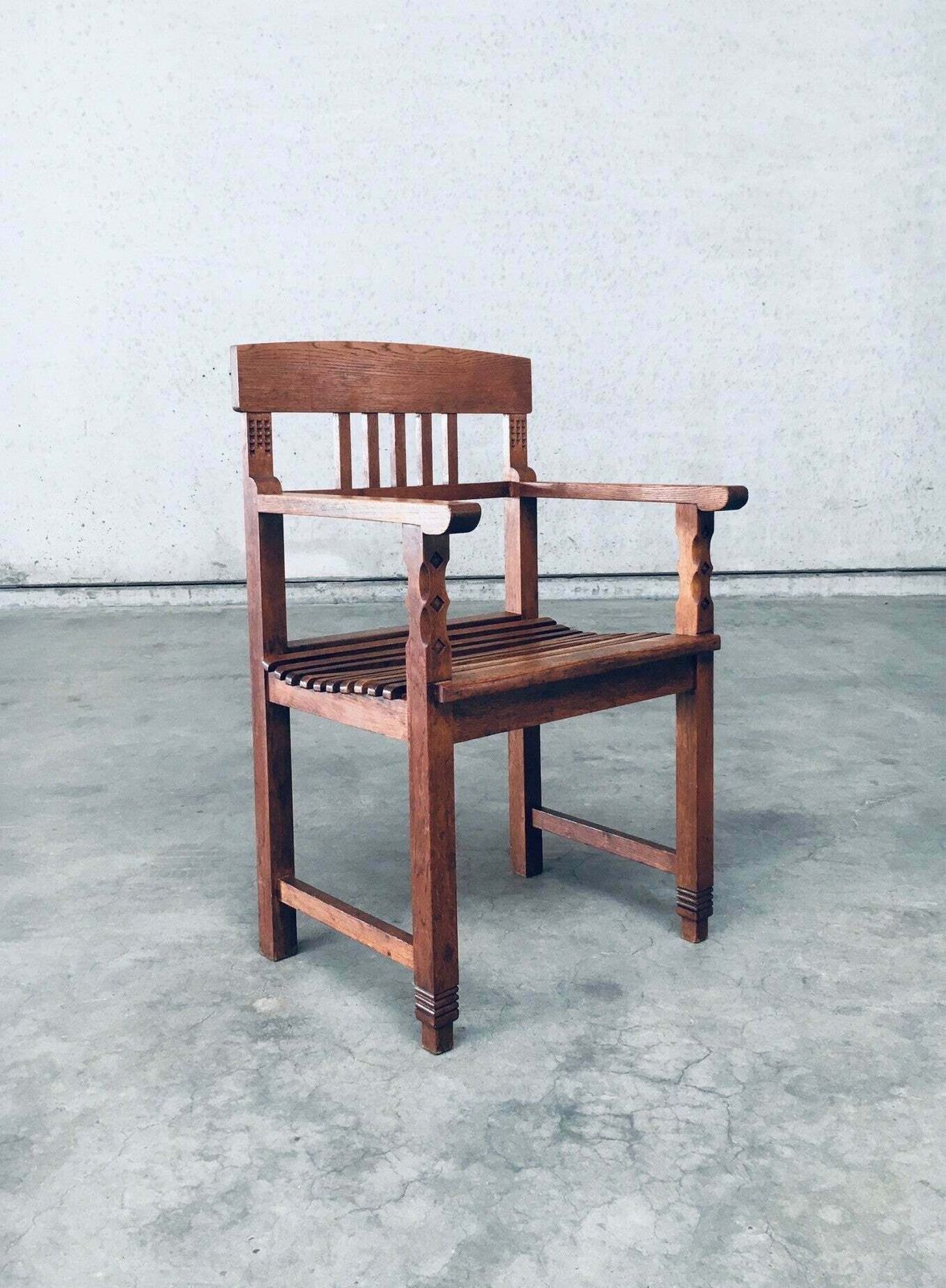 Dutch Modernism Design Carved Oak Arm Side Chair, Netherlands 1920's photo for sale
