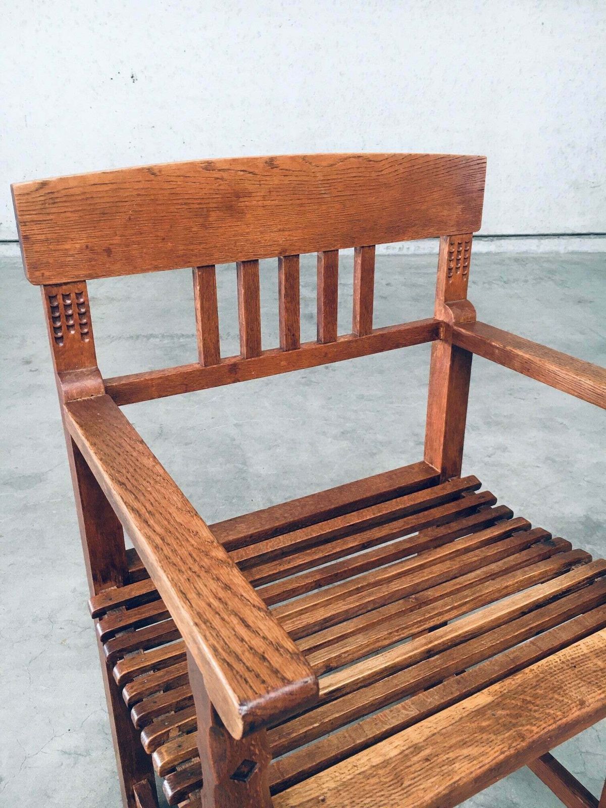 photo for sale Dutch Modernism Design Carved Oak Arm Side Chair, Netherlands 1920's