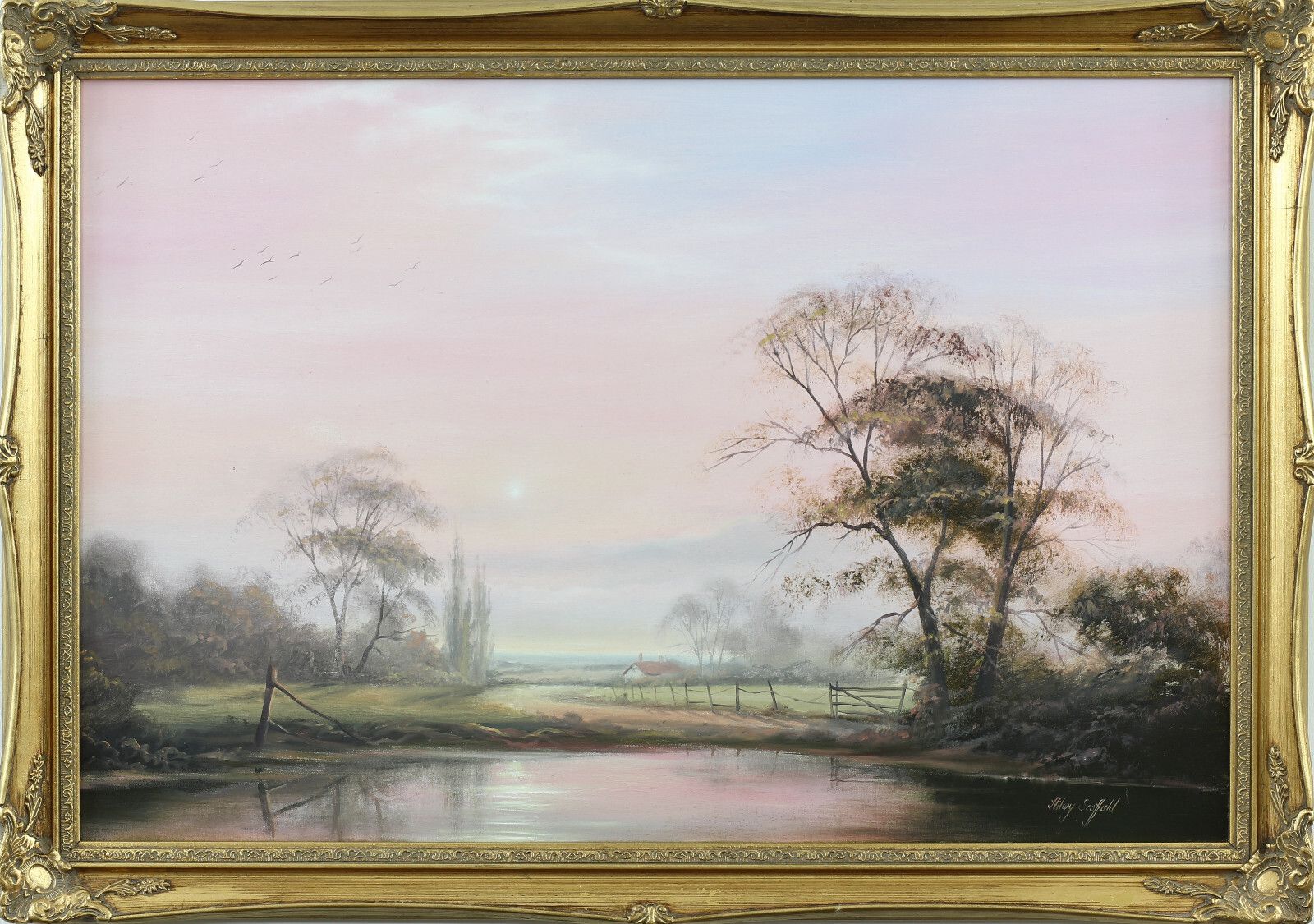 Oil On Canvas By Hilary Scoffield. Pastoral Scene At Sunrise. photo for sale