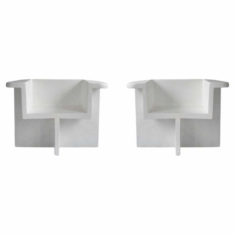 Pair Of Brutus Style Armchairs, Contemporary, Bone White, Fiber Concrete.
