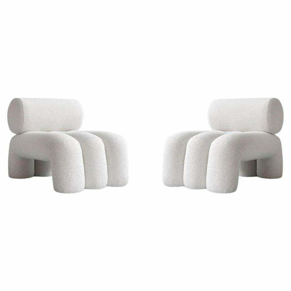 Pair Of Contemporary Armchairs, Model Foku, Off White Colour, Curly Fabric .