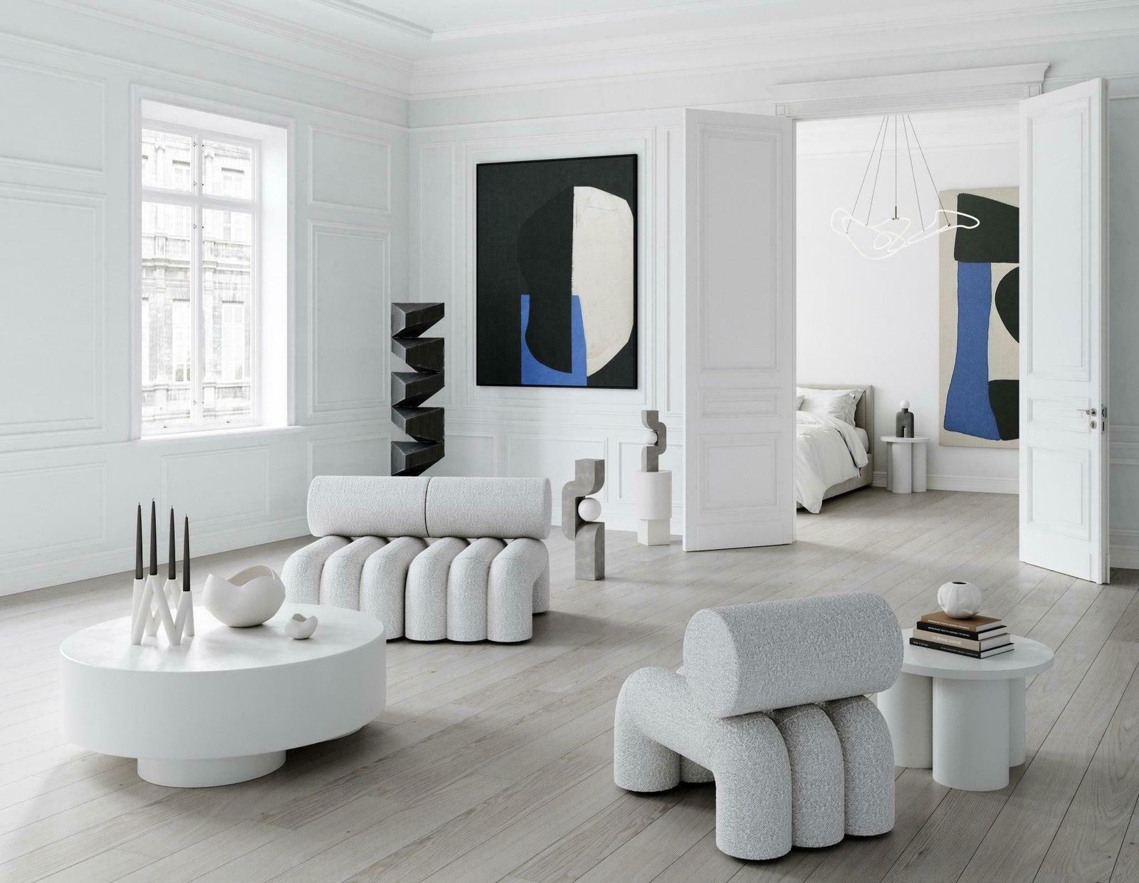 4076.0 Pair Of Contemporary Armchairs, Model Foku, Off White Colour, Curly Fabric . photo