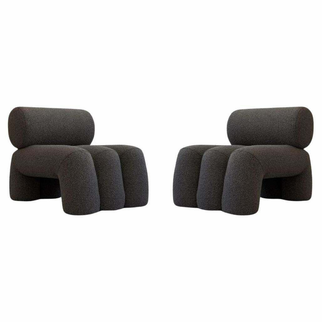 Pair Of Contemporary Armchairs, Model Foku   Deep Taupe Colour   Curly Fabric.