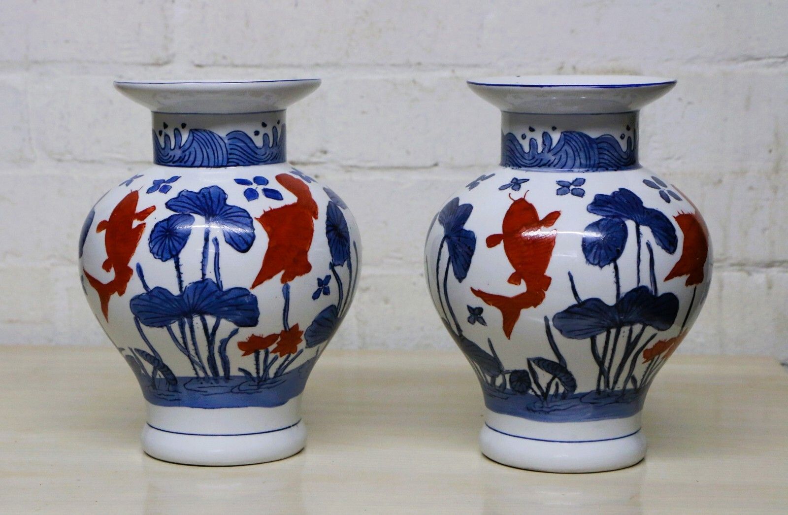 A Pair Of Chinese Ceramic Vases Aquatic Blue & White Orange Fish Koi Decorative