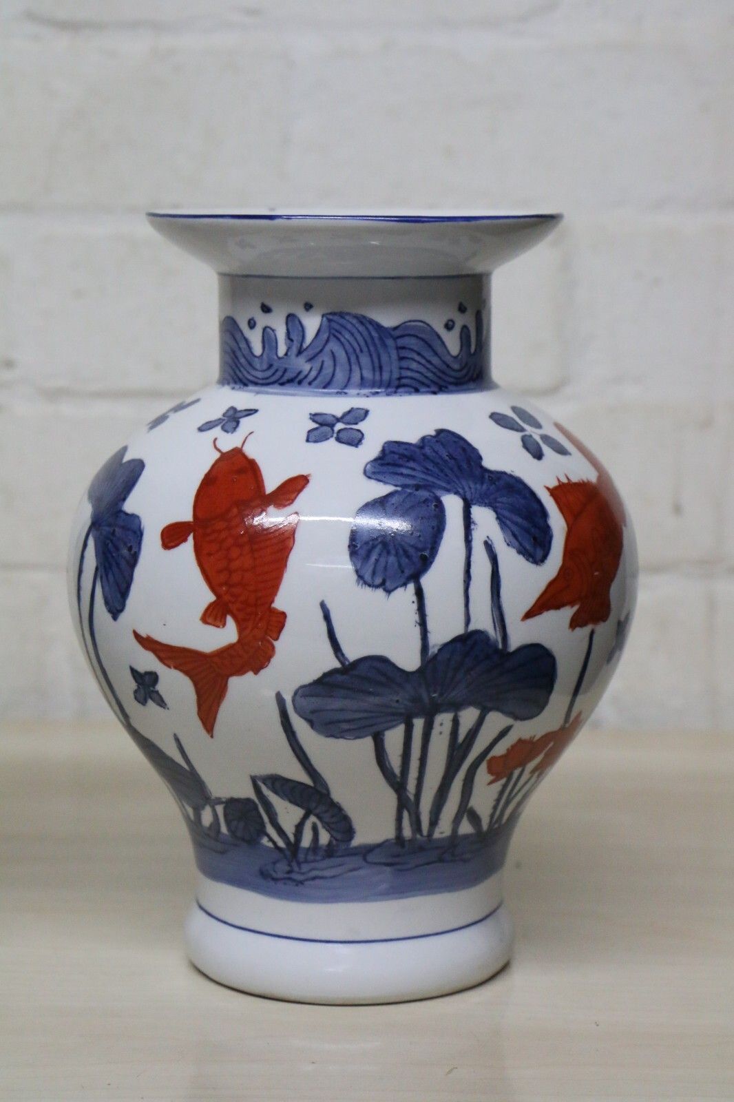 A Pair Of Chinese Ceramic Vases Aquatic Blue & White Orange Fish Koi Decorative photo furniture