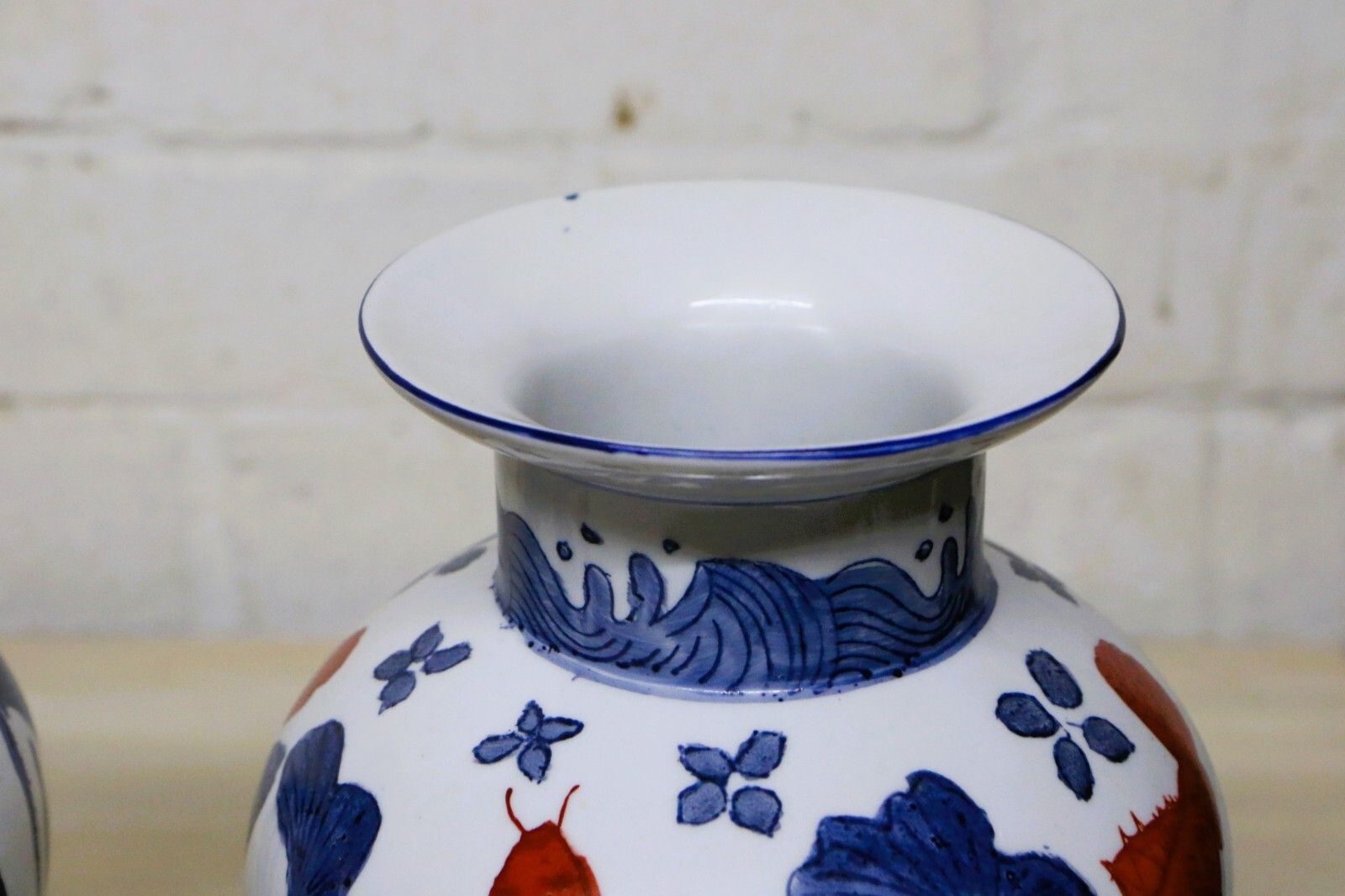 A Pair Of Chinese Ceramic Vases Aquatic Blue & White Orange Fish Koi Decorative photo Home Decor