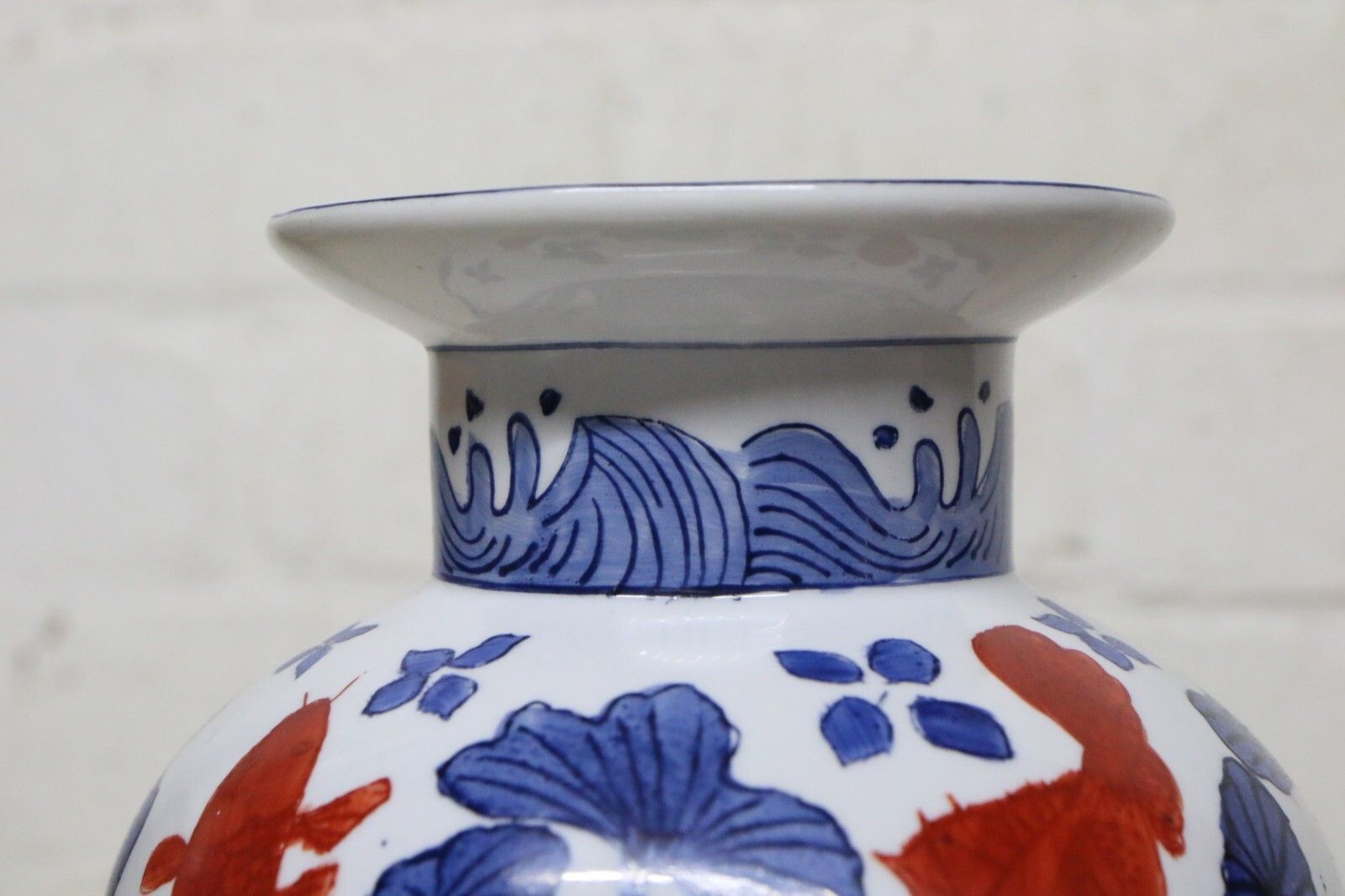 photo furniture A Pair Of Chinese Ceramic Vases Aquatic Blue & White Orange Fish Koi Decorative
