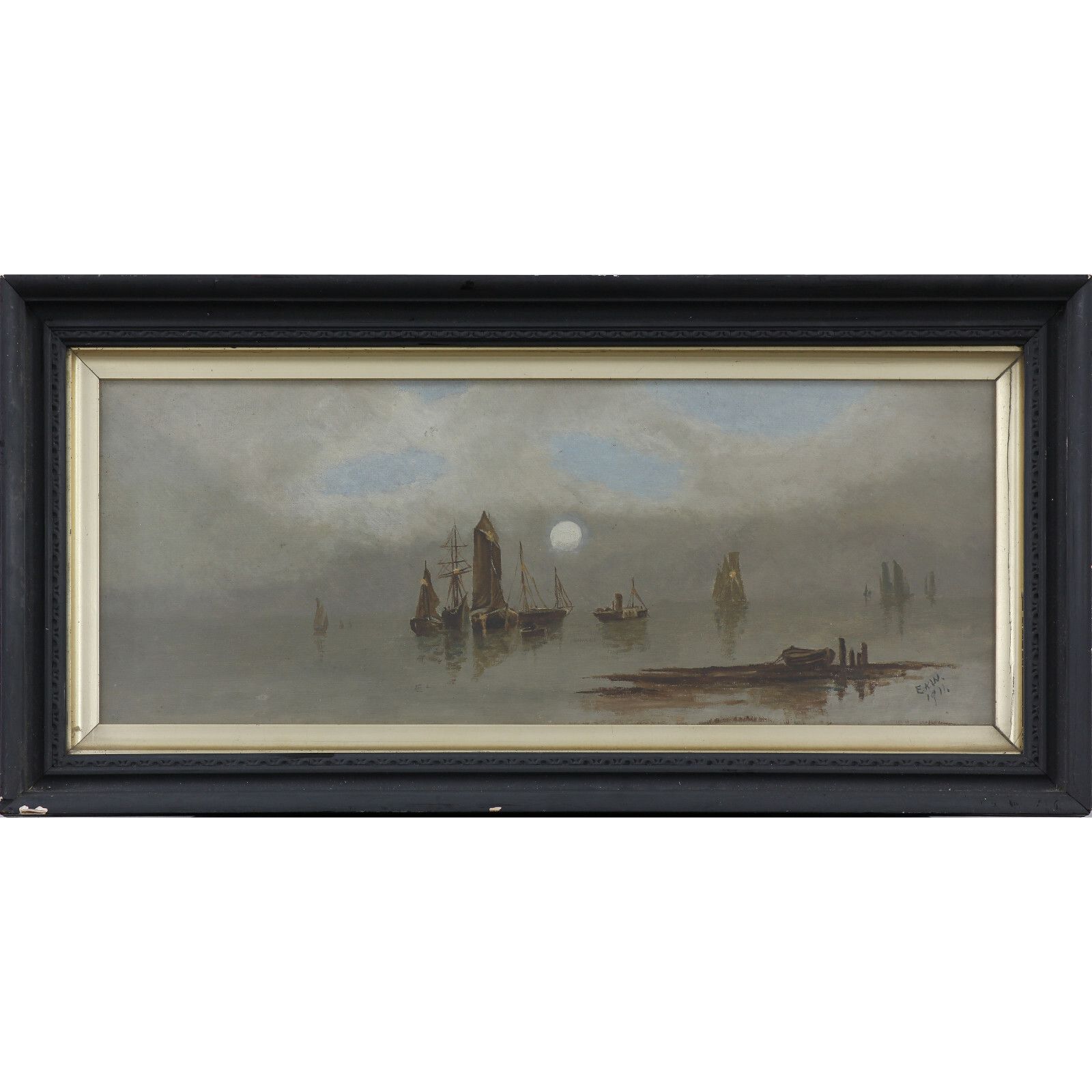 Oil On Board Behind Glass By Ernest Albert Waterlow. Boats Moored.
