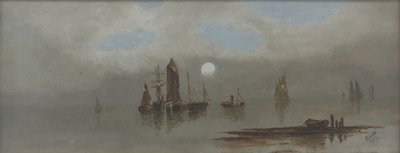 Oil On Board Behind Glass By Ernest Albert Waterlow. Boats Moored. photo furniture