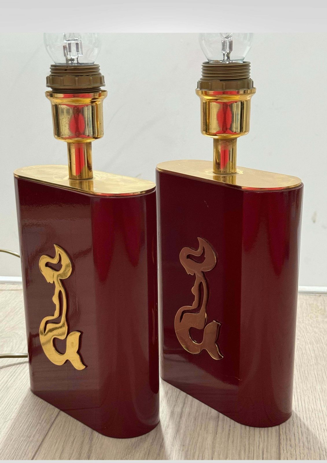 Pair Of Table Lamps In Red Lacquer & Brass Made In Belgium Circa 1970s photo 690.0