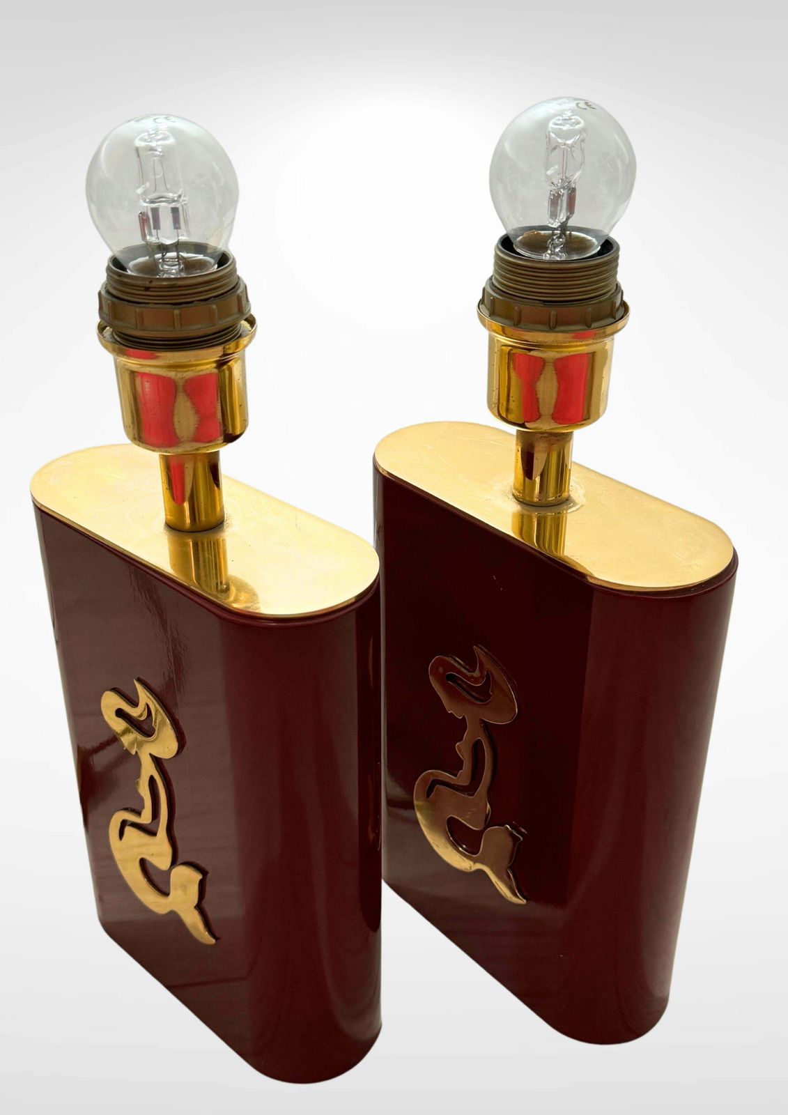 Pair Of Table Lamps In Red Lacquer & Brass Made In Belgium Circa 1970s photo vintage