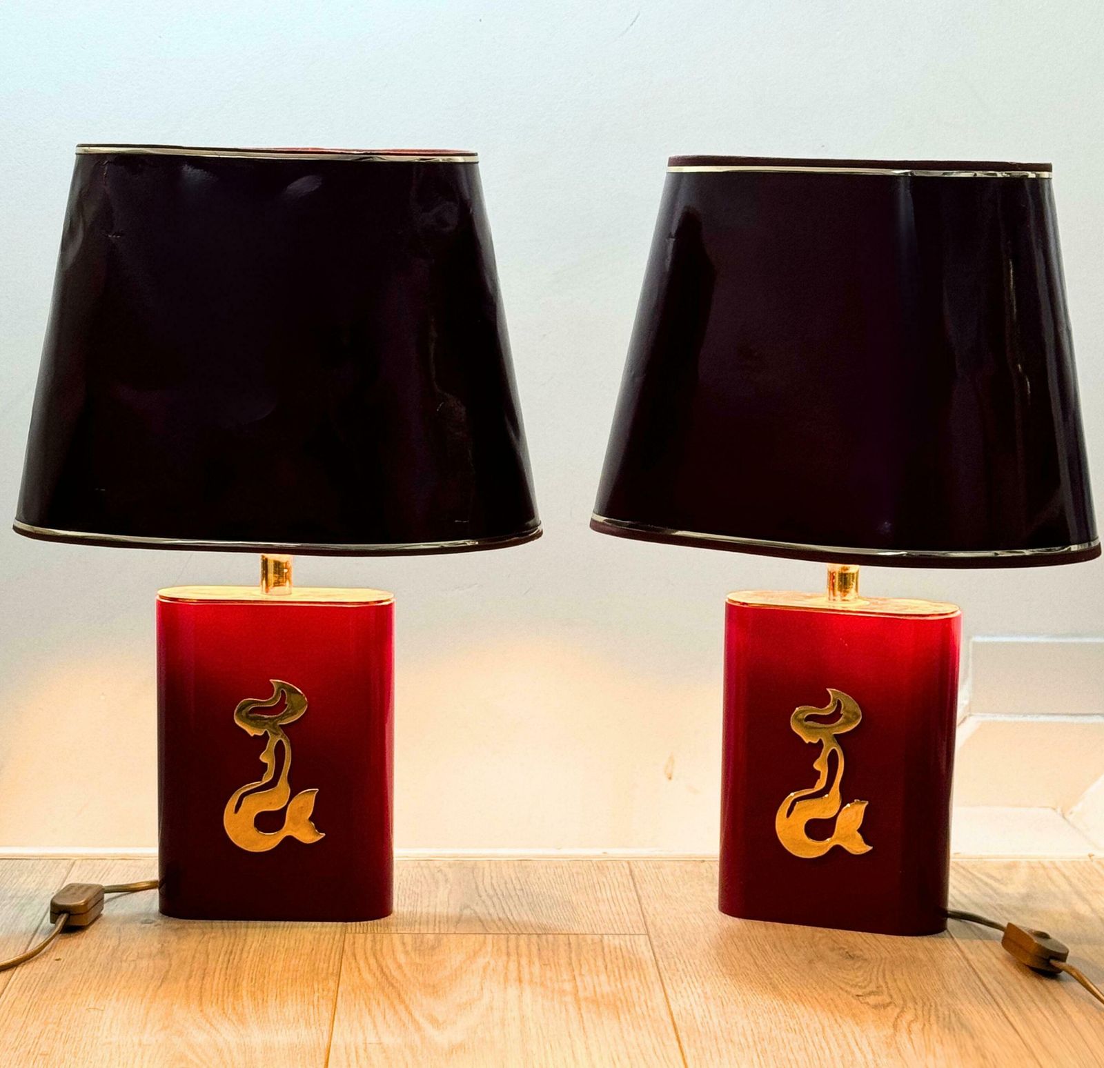 Lighting Pair Of Table Lamps In Red Lacquer & Brass Made In Belgium Circa 1970s photo