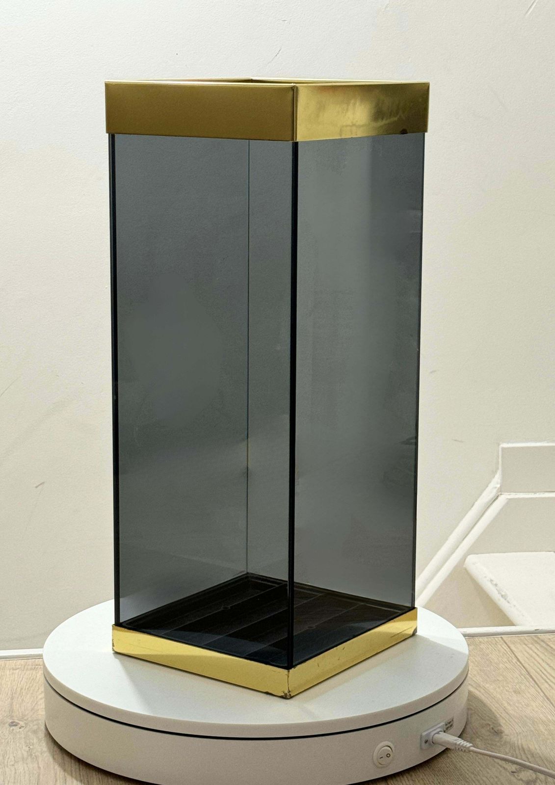 Umbrella Stand In Smoked Glass & Brass By Umberto Mascagni Italian Design Signed photo for sale