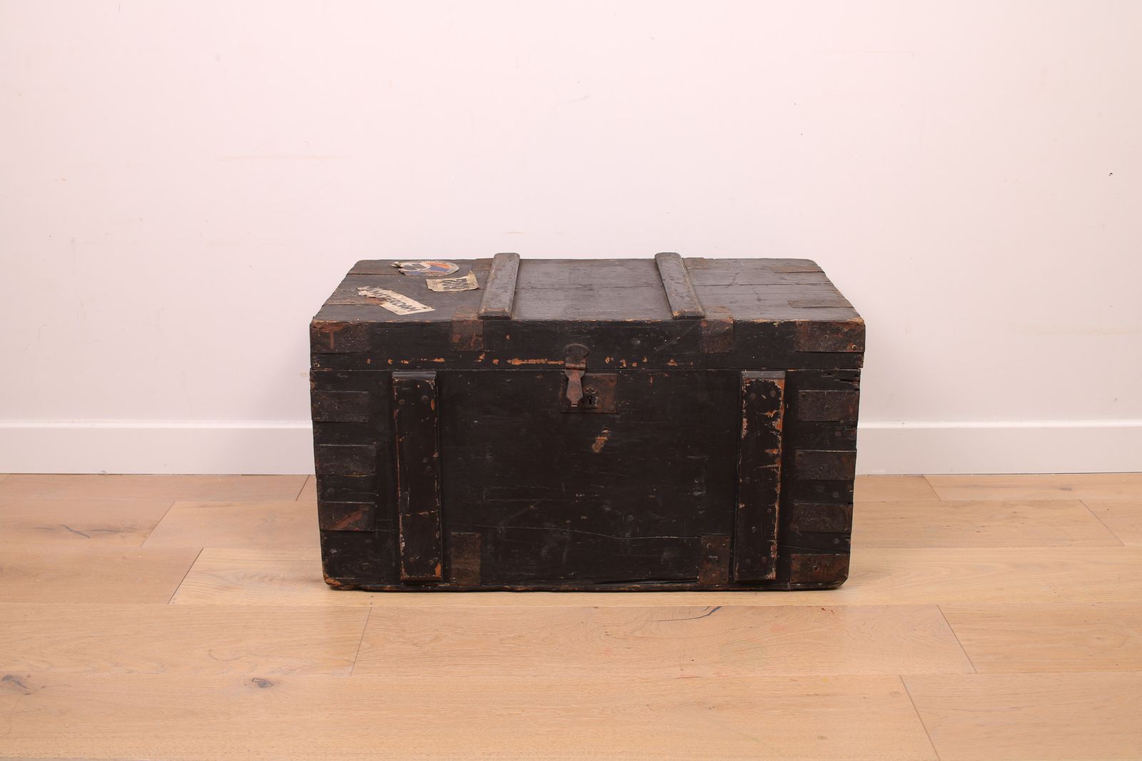 A Vintage Black Wooden Trunk With Hinged Lid   Blanket Box   Log Storage photo buy