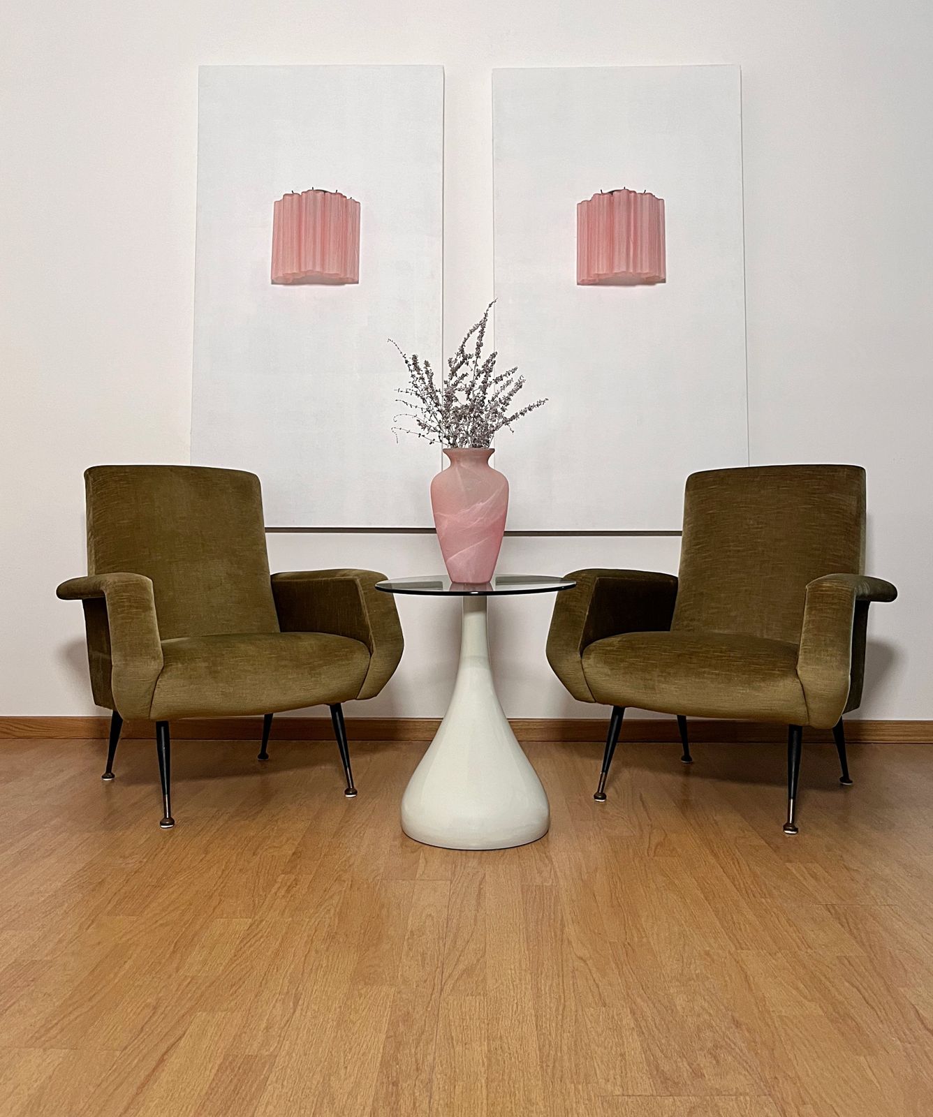 Fantastic Pair Of Murano Glass Tube Wall Sconces   5 Pink Etched Glass Tube photo furniture