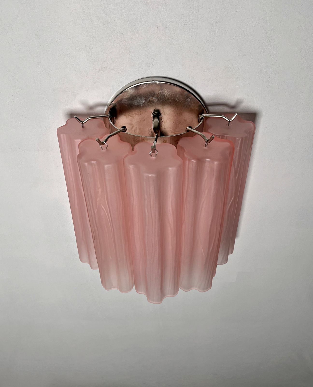 Fantastic Pair Of Murano Glass Tube Wall Sconces   5 Pink Etched Glass Tube photo 405.0