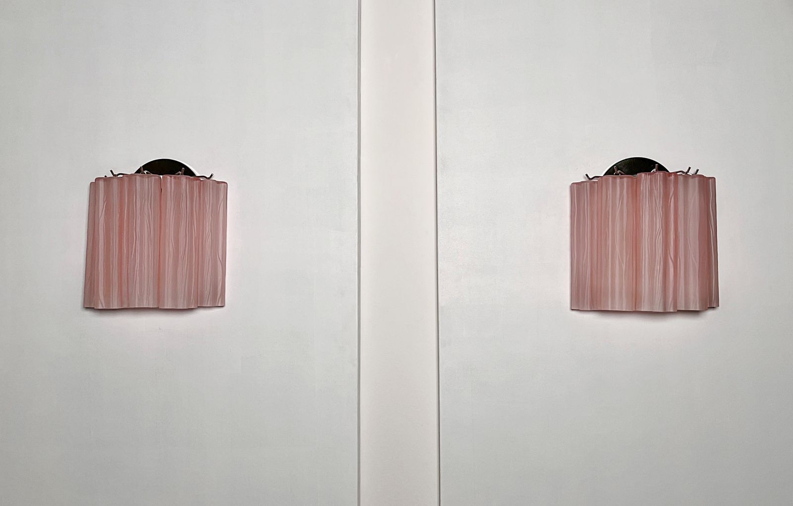 405.0 Fantastic Pair Of Murano Glass Tube Wall Sconces   5 Pink Etched Glass Tube photo