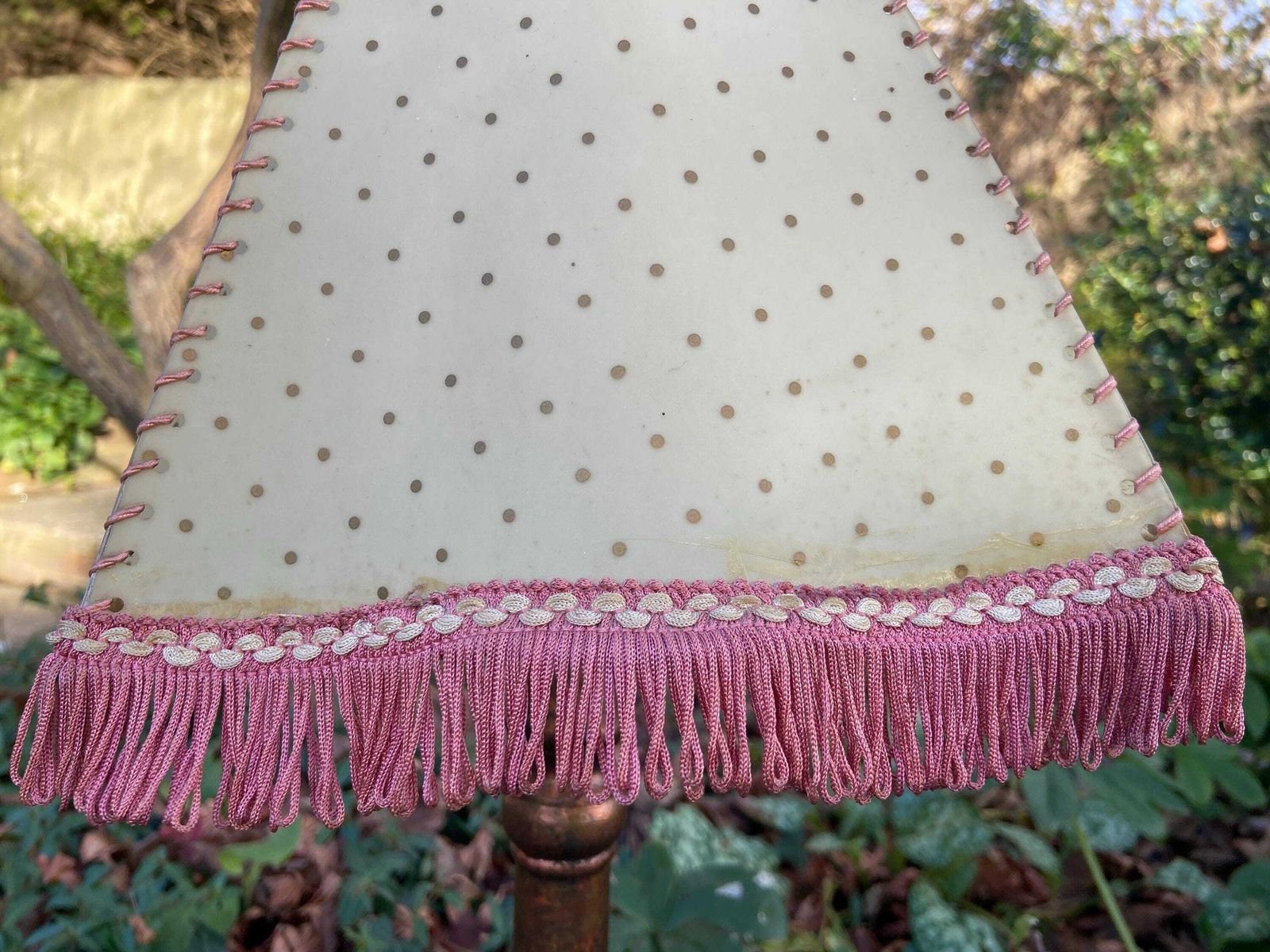 Vintage 1920s Cream Mica Or Celluloid Table Lamp Shade With Gold Polka Dots, Pink Thread, And Fringe – Unusual Shape With Curved Sides photo 70.0