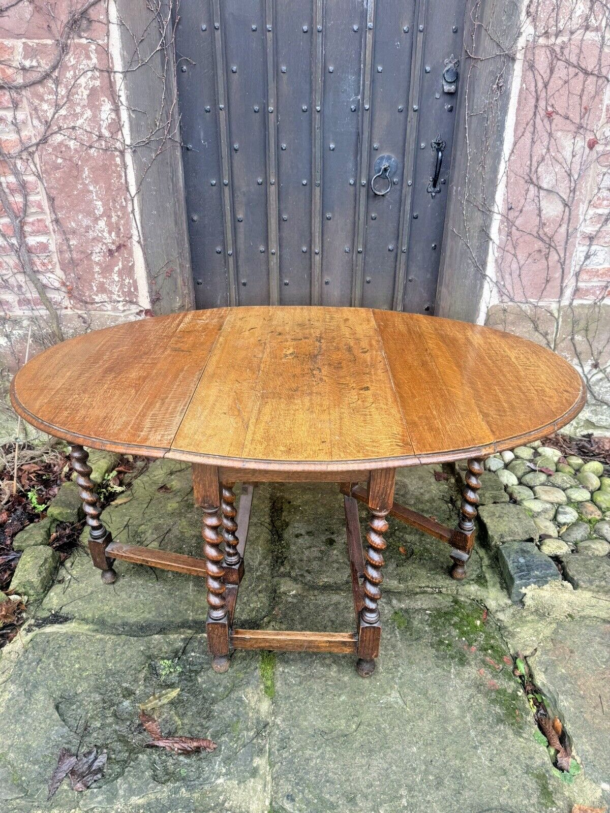Antique English Barley Twist  Oak Rustic Farmhouse Gateleg Dining Kitchen Table photo furniture