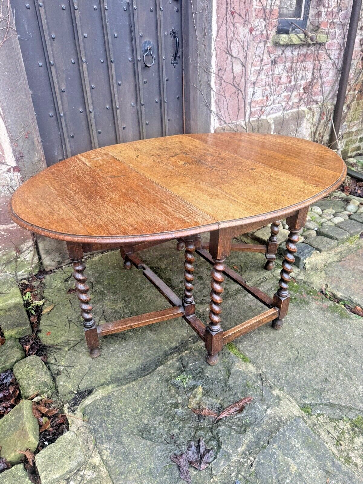 Antique English Barley Twist  Oak Rustic Farmhouse Gateleg Dining Kitchen Table photo for sale