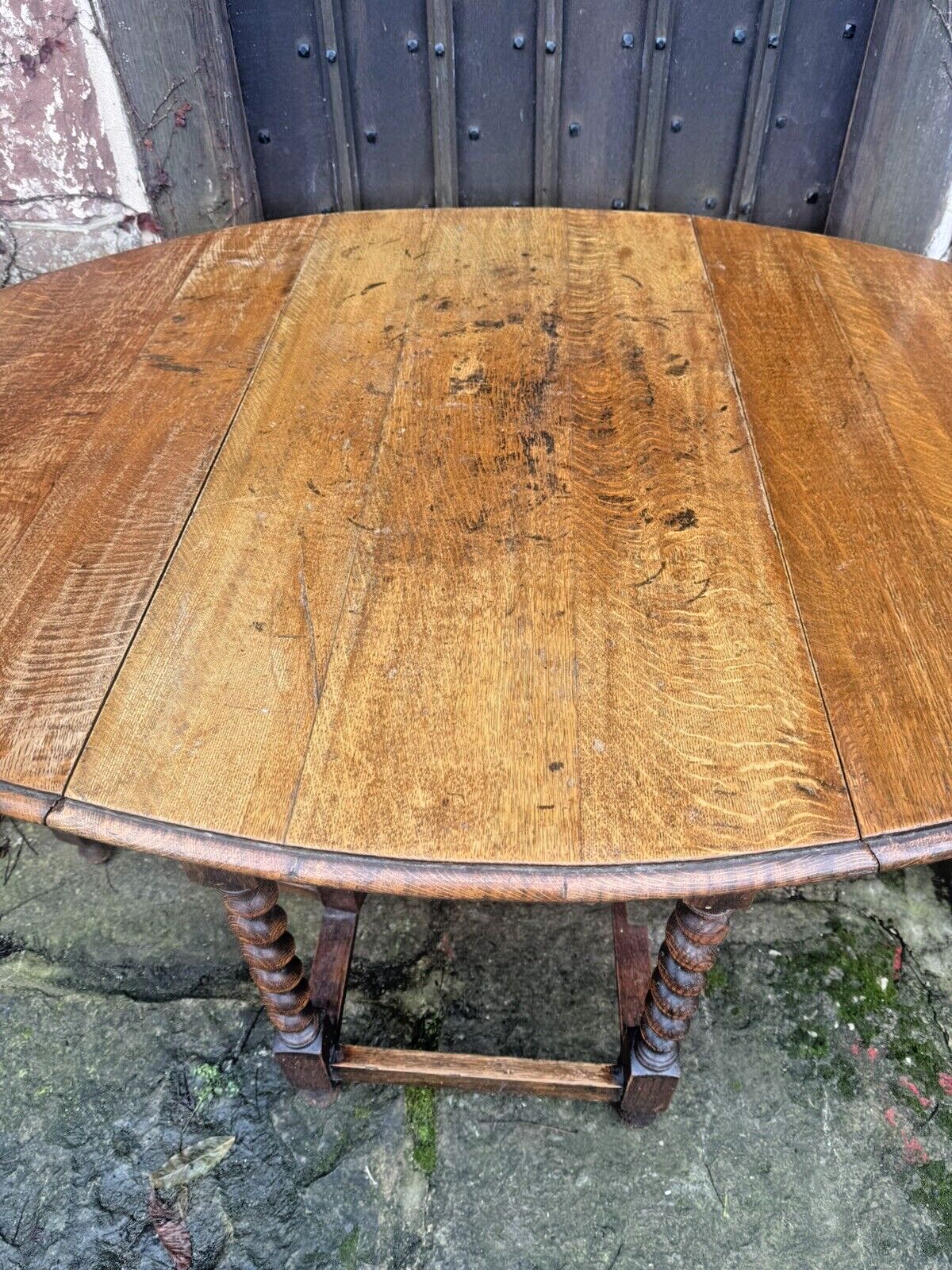 Antique English Barley Twist  Oak Rustic Farmhouse Gateleg Dining Kitchen Table photo vinterior