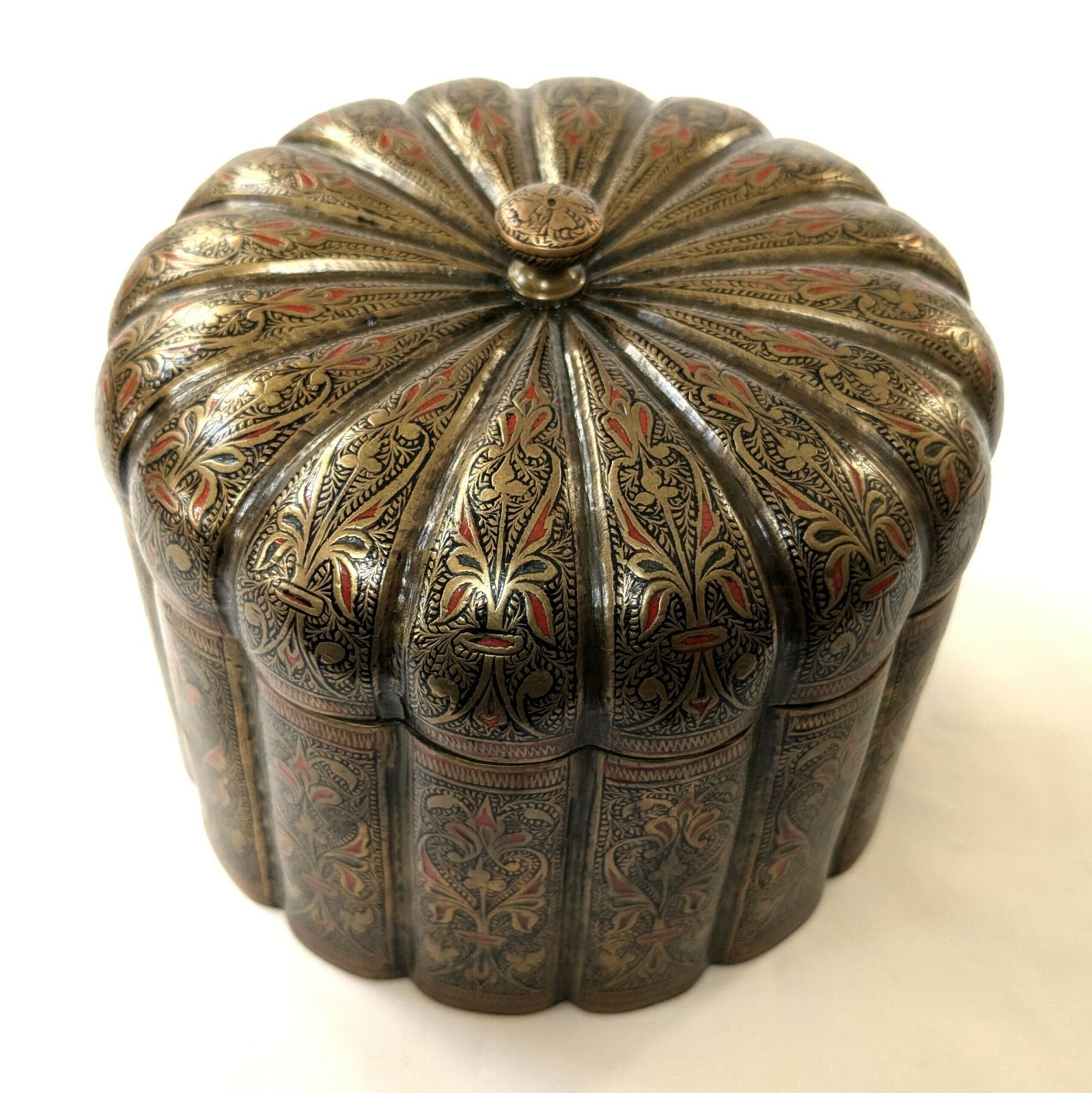 Antique Islamic Indian Mughal Style Engraved Brass Betalnut Pandan Box photo 640.0