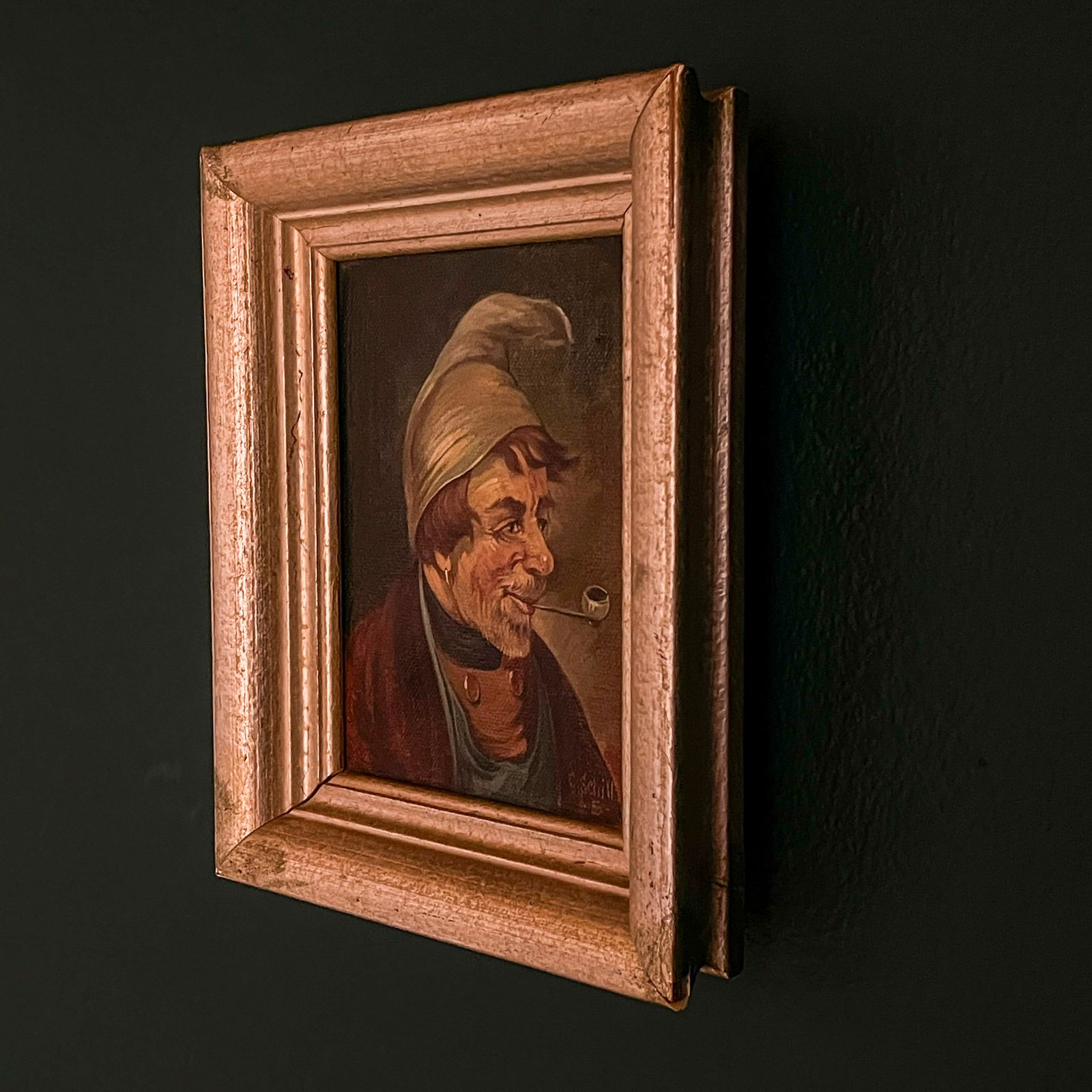 Antique Painting Portrait "Man In A Nightcap With A Pipe" By G. Schill, Canvas, Oil, 1930s photo vinterior