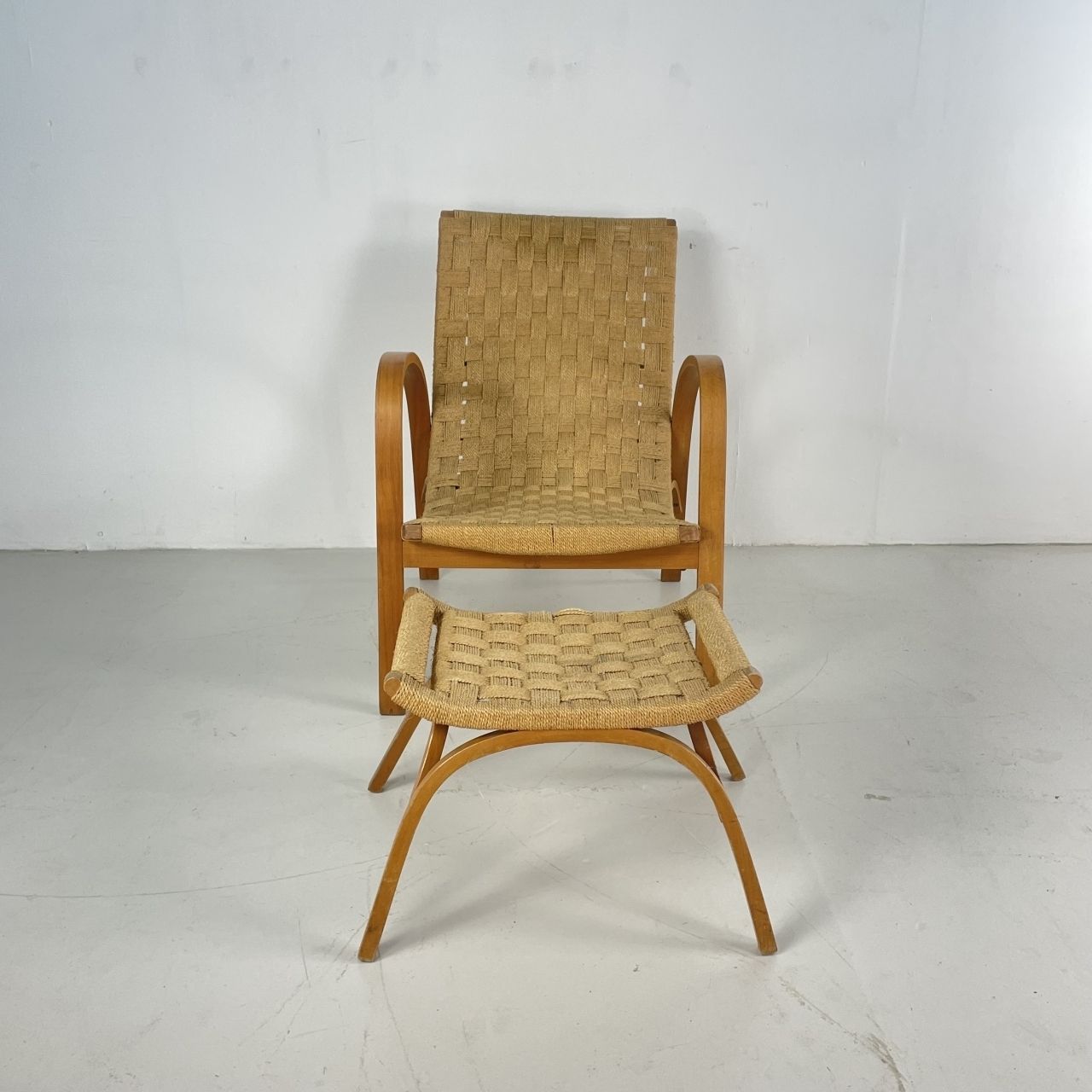 Mid Century Italian Wood And Chord Lounge Chair With Ottoman photo furniture