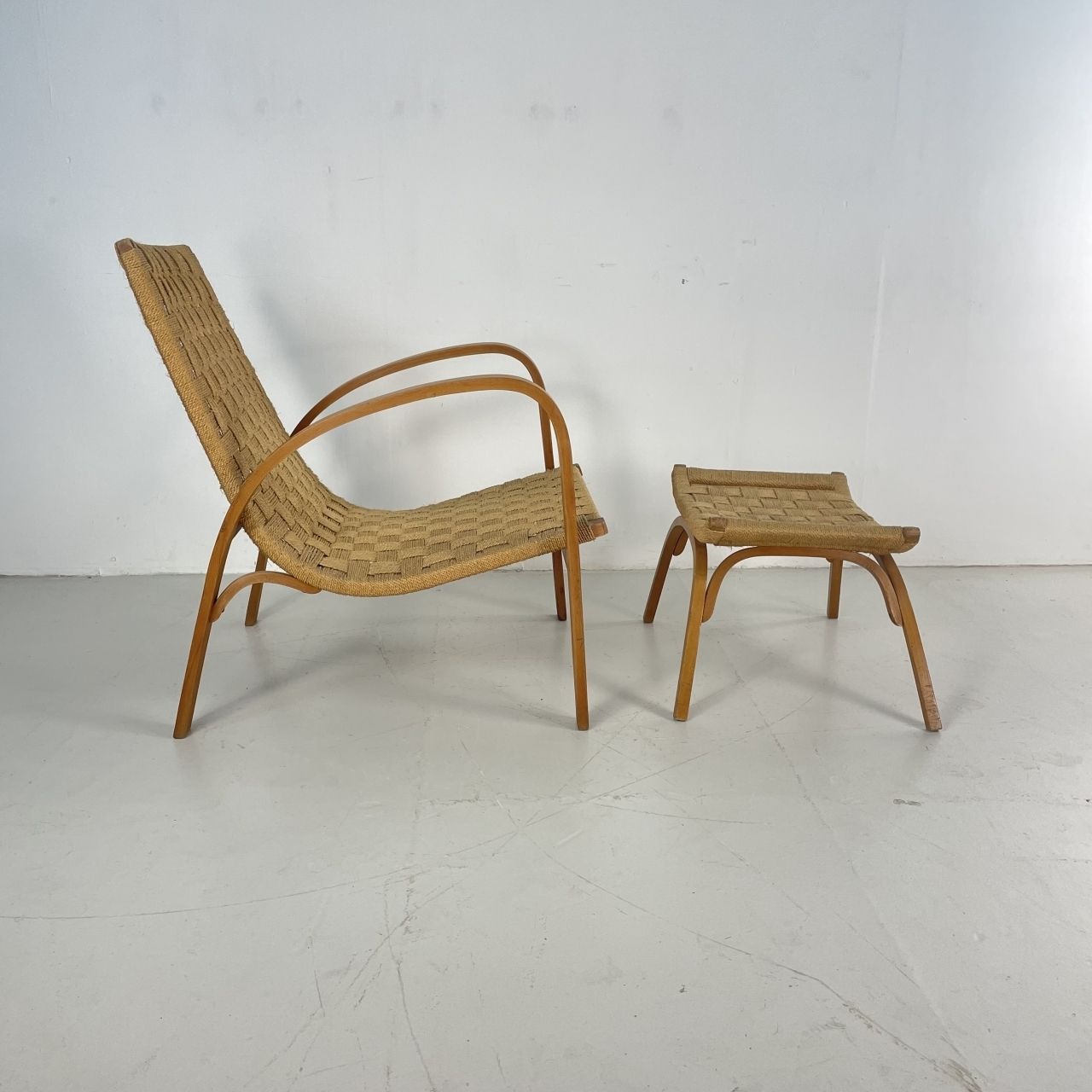 Mid Century Italian Wood And Chord Lounge Chair With Ottoman photo vintage