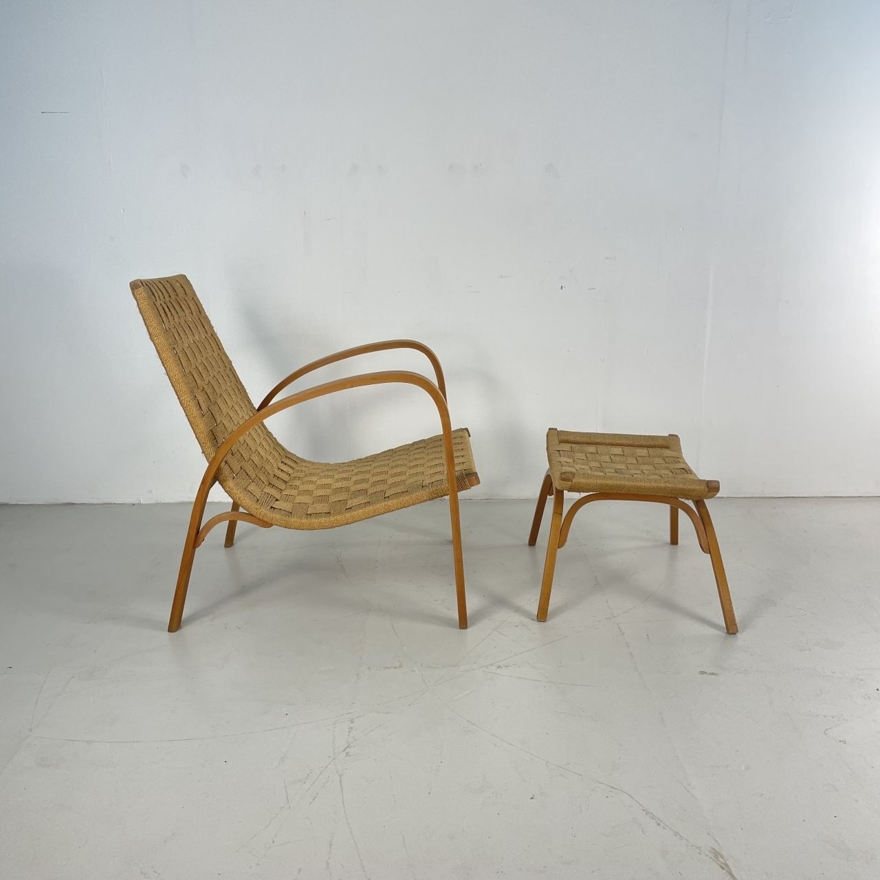 Furniture Mid Century Italian Wood And Chord Lounge Chair With Ottoman photo