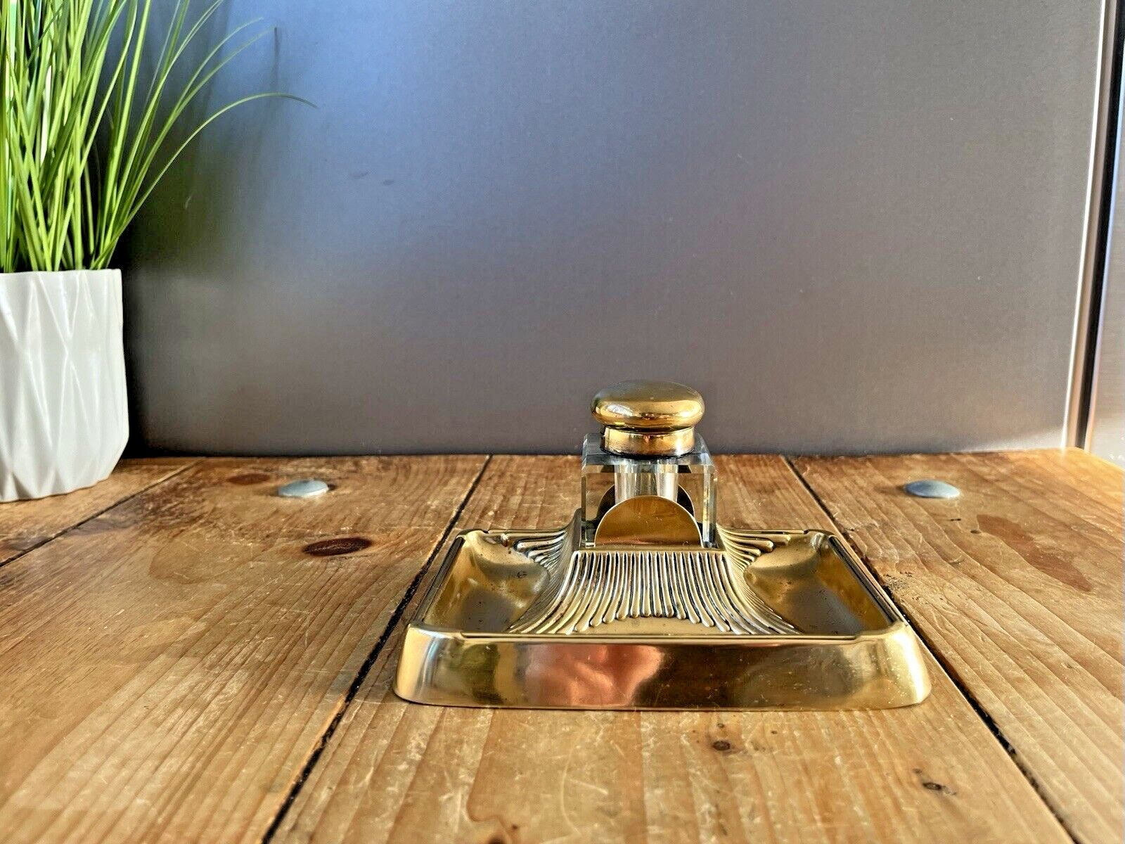 Antique Art Nouveau Jugendstil Brass Inkwell & Glass Liner Pot German Austrian photo for sale