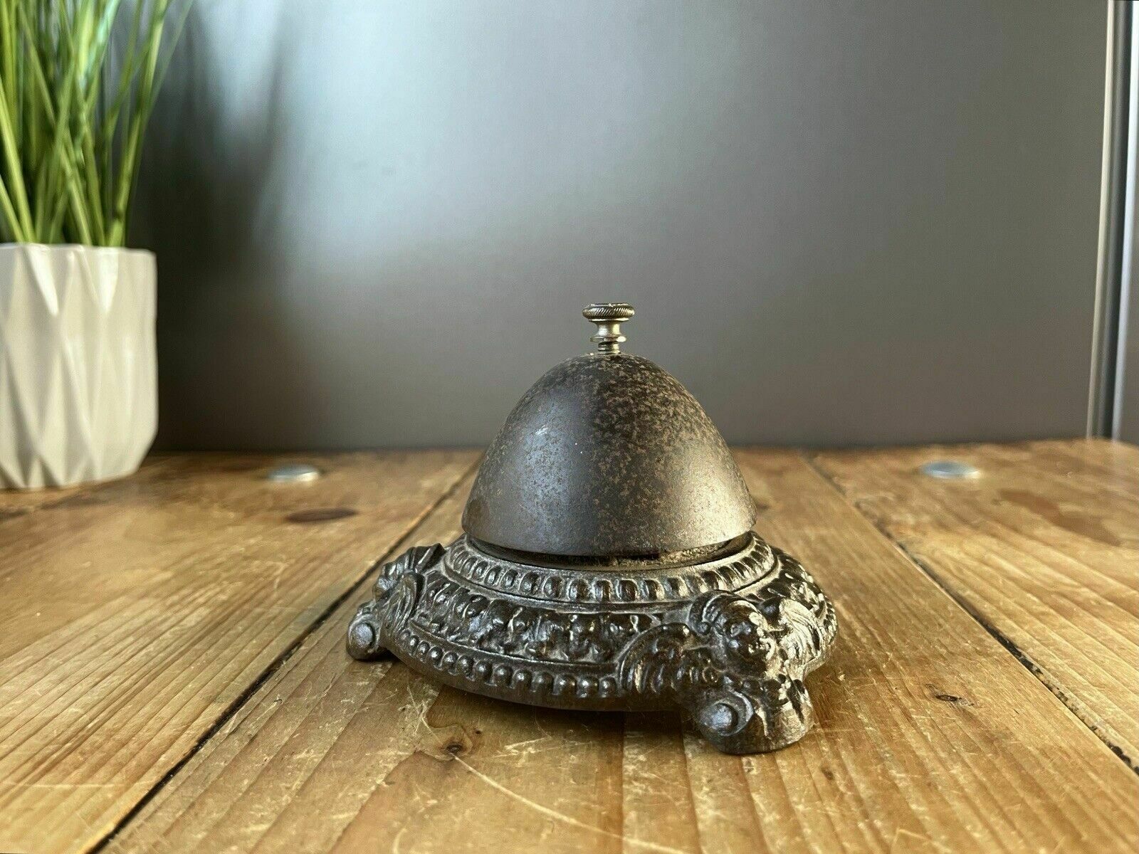 Antique Winged Cherub Reception Desk Twist Top Bell Shop Hotel Service Counter photo vintage