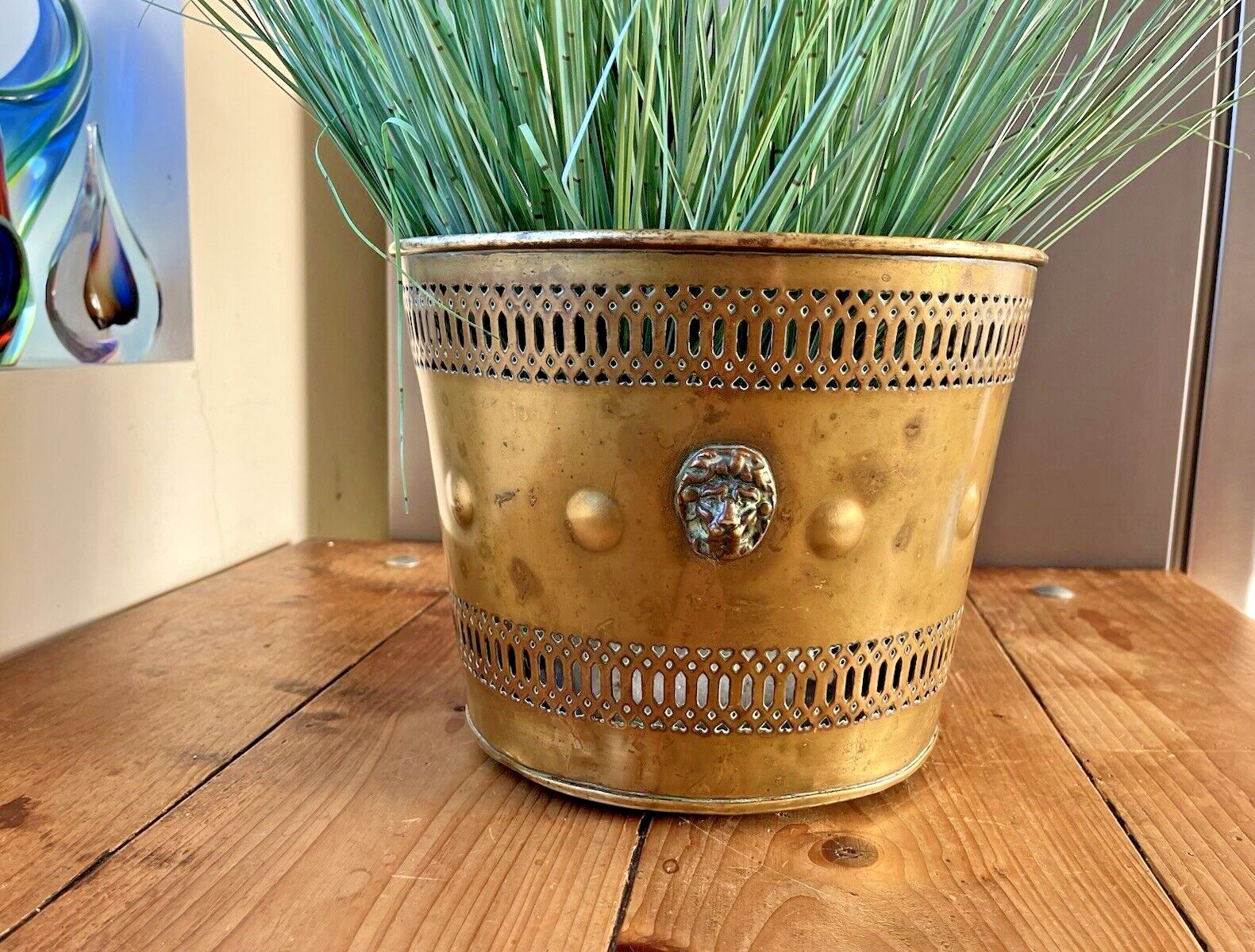 Antique Brass Regency Lions Head Heart Fretwork Planter Plant Pot Jardiniere Af photo vintage