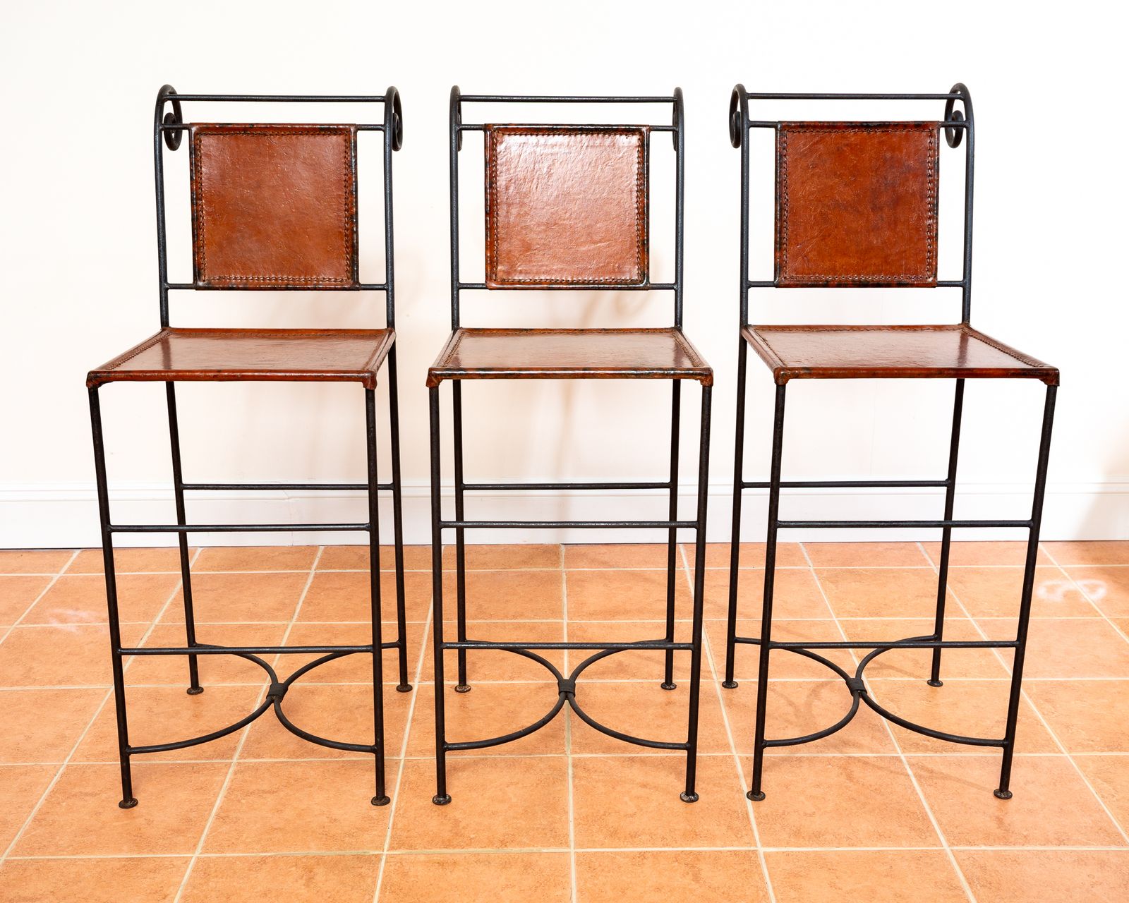 3 Ralph Lauren Barstools Tan Leather Wrought Iron High Bar Stools Neoclassical Designer Artisan Forged Hand Stitched Curule Art D.Eco