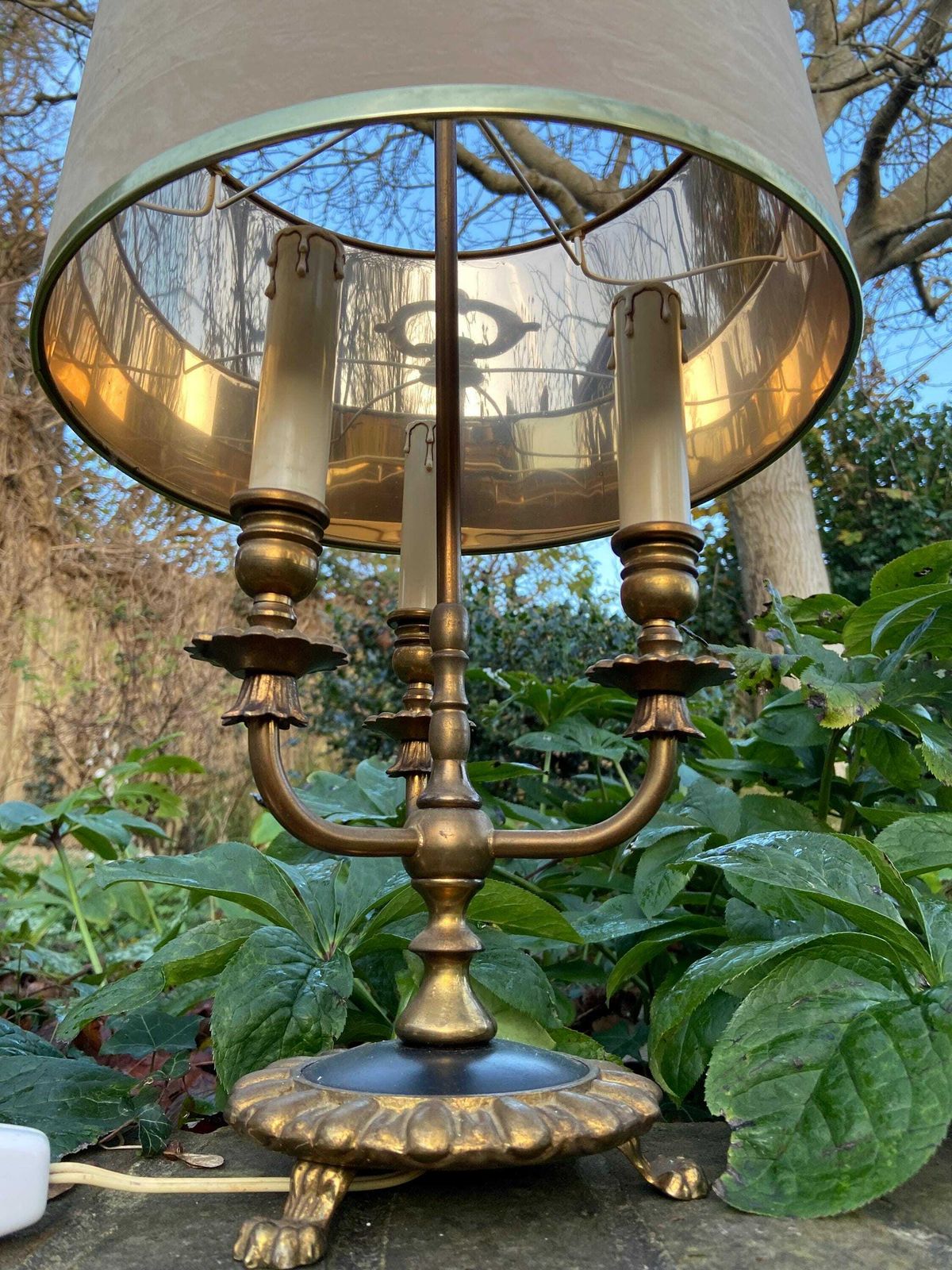 Antique French Bouilotte 3 Armed Brass Office Table Lamp, Heavy Quality, Newer Vintage Shade, Ebony Black Detailed Base With Lion Paw Feet photo furniture