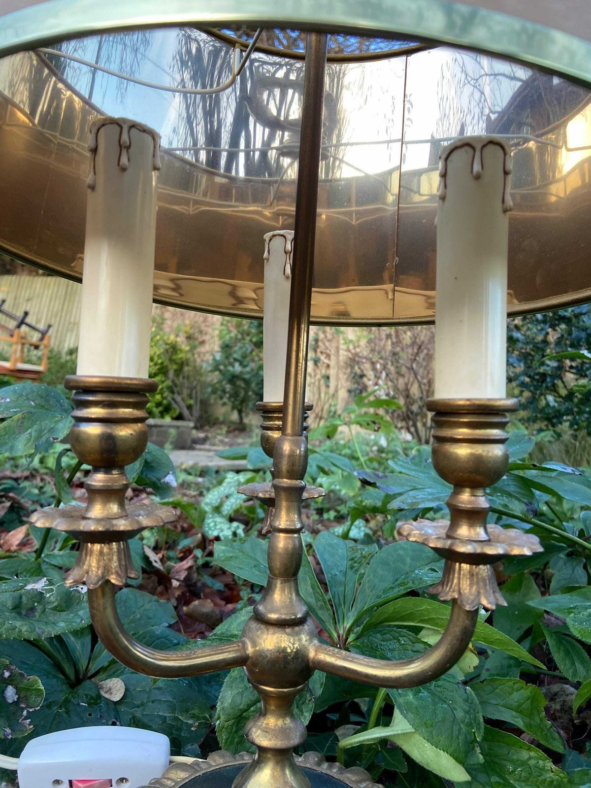 Antique French Bouilotte 3 Armed Brass Office Table Lamp, Heavy Quality, Newer Vintage Shade, Ebony Black Detailed Base With Lion Paw Feet photo vinterior
