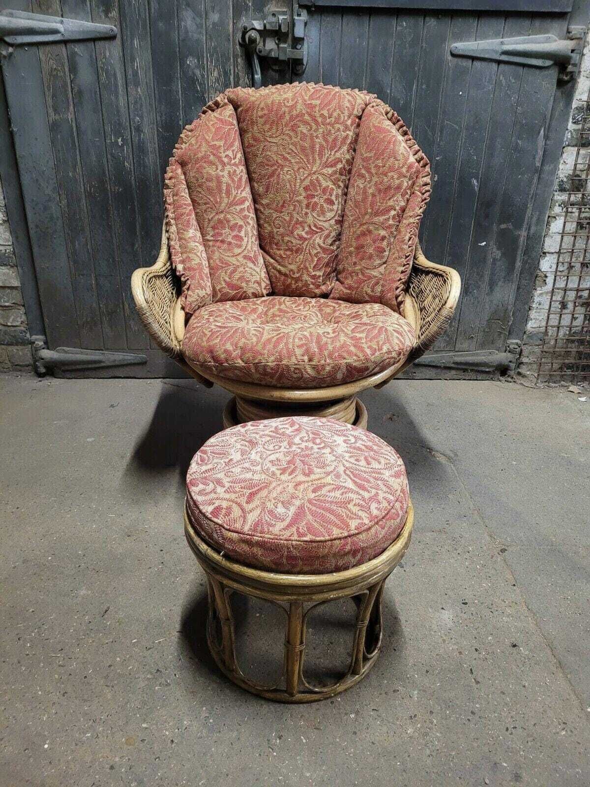 Bamboo Rattan Retro Vintage Mid Century Swivel Armchair And Footstool