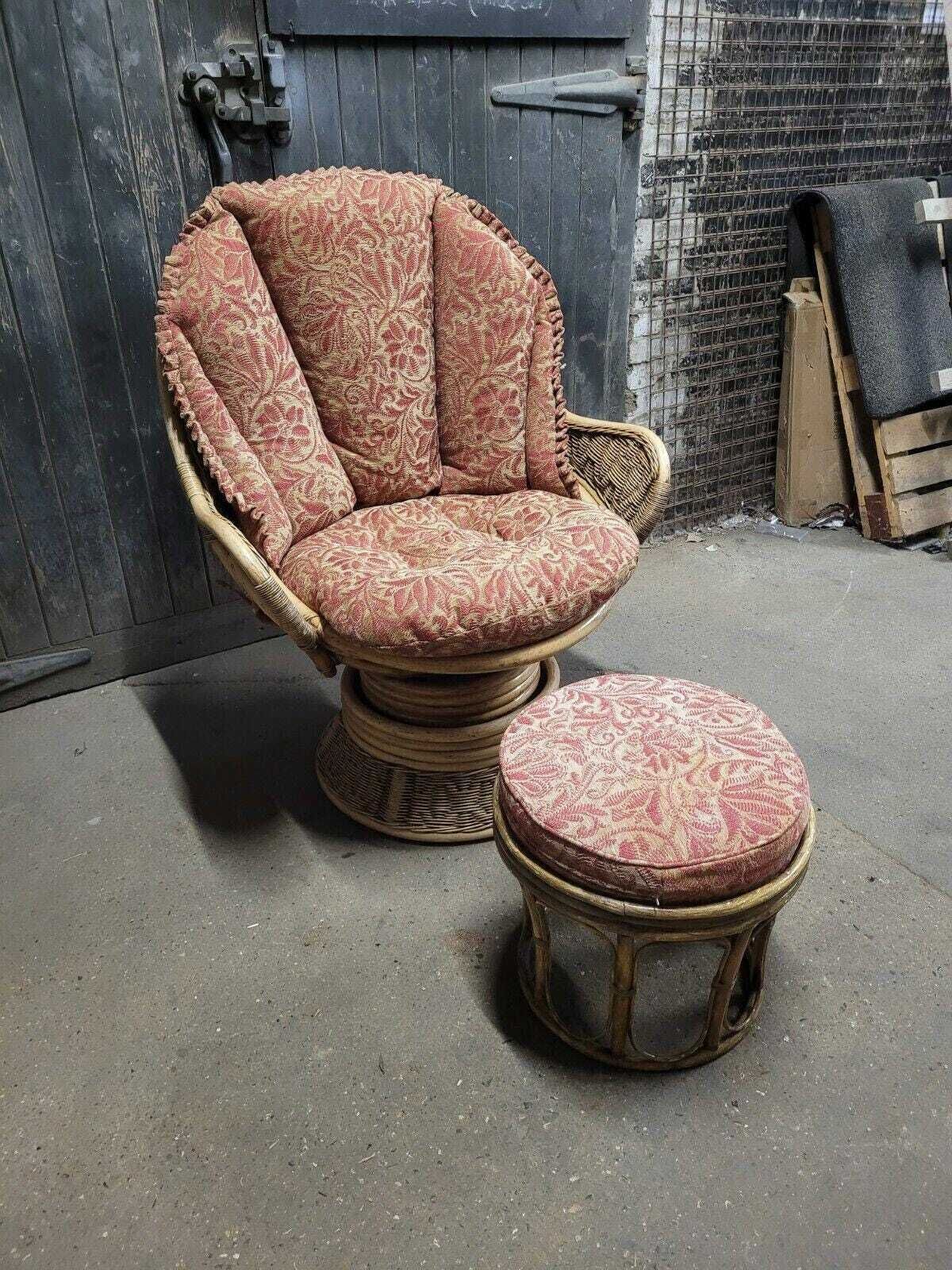 Bamboo Rattan Retro Vintage Mid Century Swivel Armchair And Footstool photo 399.0