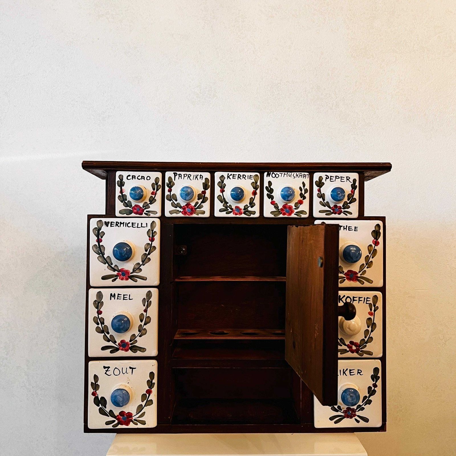 Antique Dutch Wooden Spices Cabinet Blue Ceramic Drawers 1930s Farmers Wall Cabinet Kitchen Country Style Art Deco photo furniture